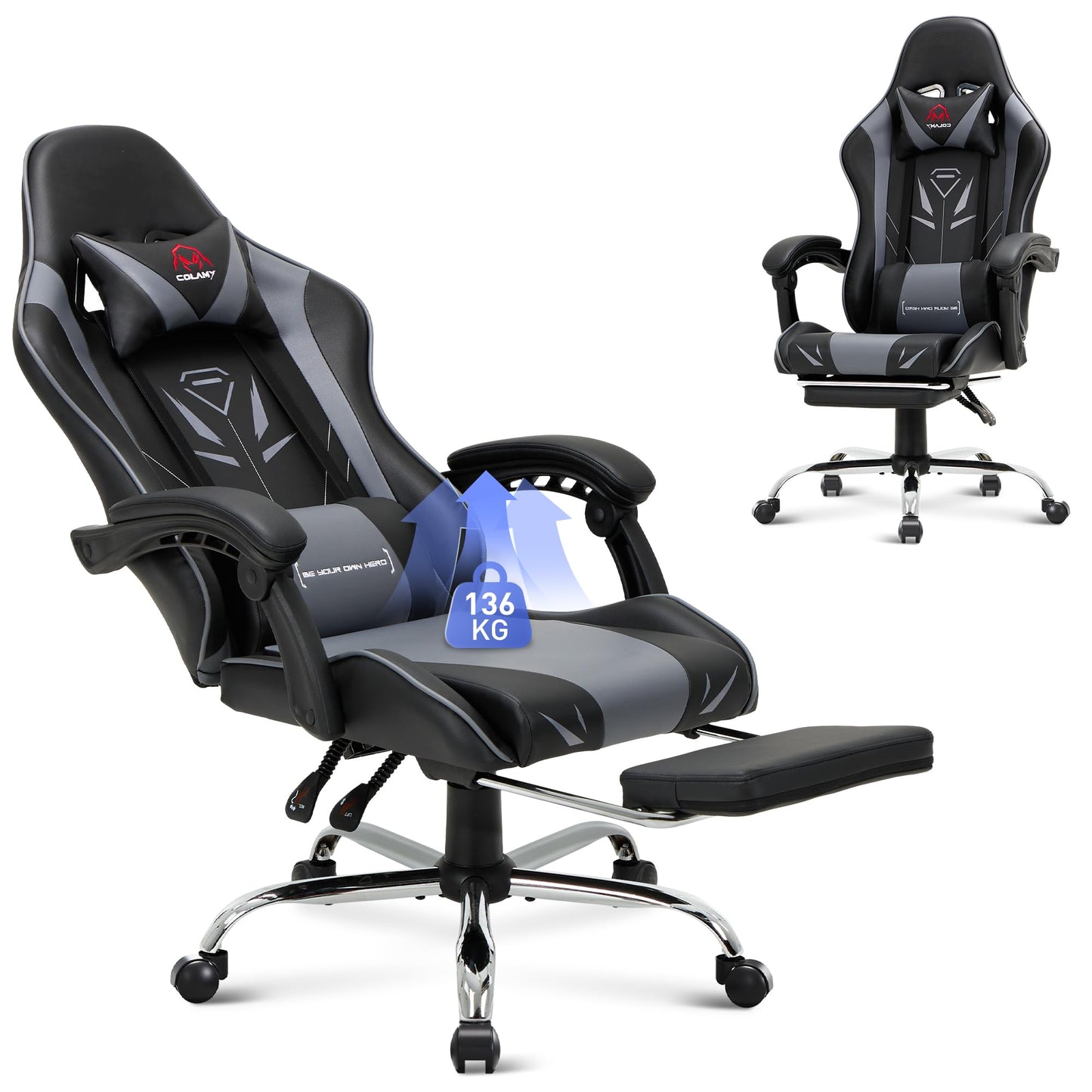 COLAMY Gaming Stuhl, Computer Stuhl mit Fußstütze und Lendenwirbelstütze, höhenverstellbarer Gaming Chair mit 360°-Drehsitz und Kopfstütze, Video Gamer PC Stuhl, Ergonomische hohe Rückenlehne, Weiß