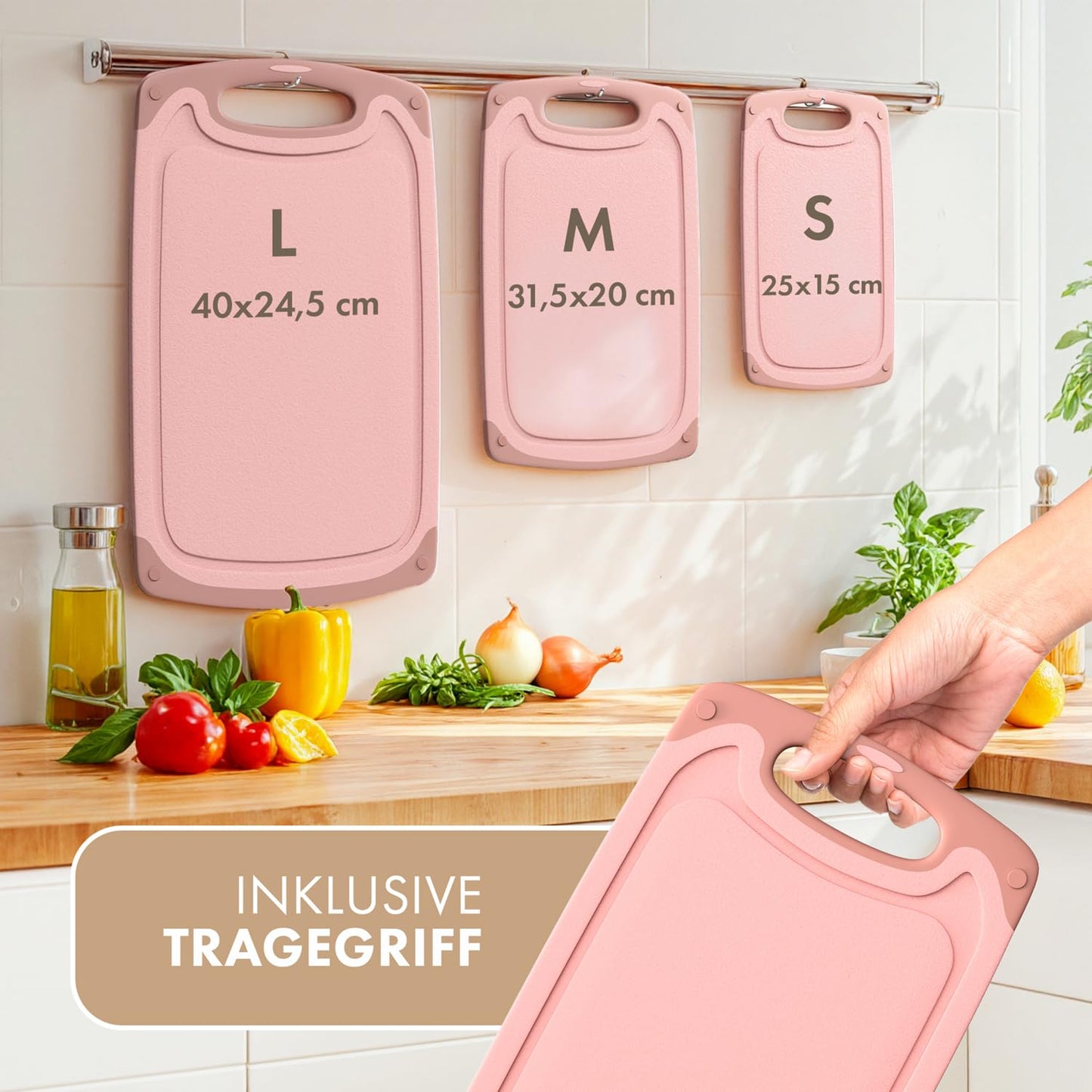 Blumtal Schneidebrett Set mit 3 Größen (S/M/L) - Schneidebrett Kunststoff groß + Saftrillen & Griff - Cutting Board - Küchenbrett BPA frei - Schneidbrett Spülmaschinenfest - Schneidebretter Grau