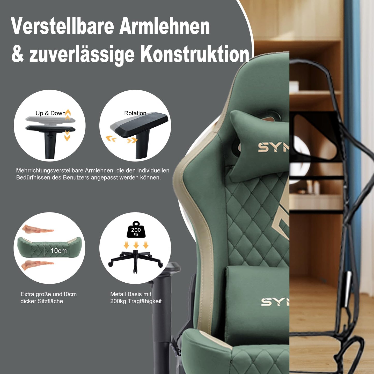 symino Gaming Stuhl, Ergonomischer Bürostuhl, Rennstuhl-Design PC Stuhl, Vintage-PU-Leder, Verstellbarer Drehbarer Task Stühle mit Fußstütze (Schwarz)