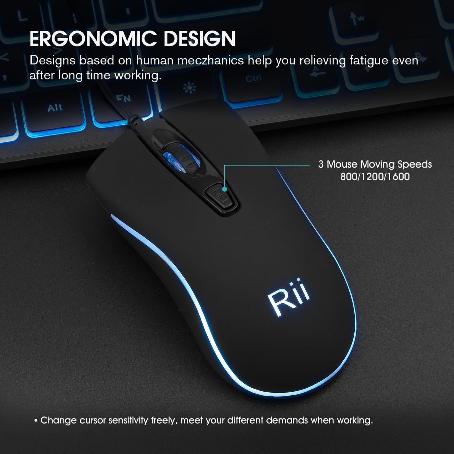 Rii Gaming Tastatur und Maus Set mit Kabel, 3 LED Hintergrundbeleuchtung QWERTZ (DE-Layout), Kabelgebundene Tastatur mit Maus für PC, Computer, Laptop, Schwarz