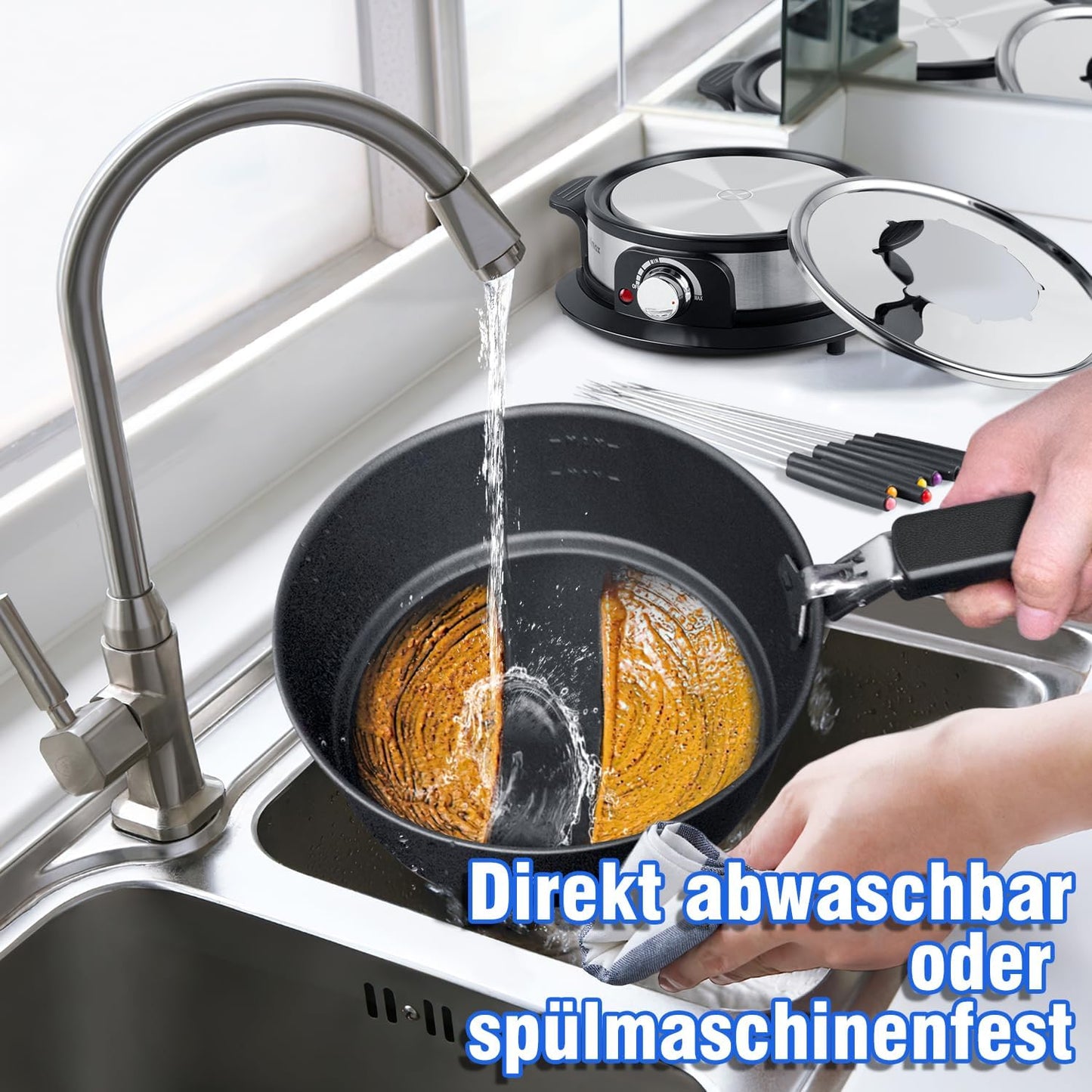 CUSIMAX Elektrisches Fondue-Set mit 1300W Leistungsregelung für Käse, Schokolade, Öl und Brühe, 2L Antihaft-Elektro-Fondue-Topf mit 8 Gabeln, 6 Tassen und abnehmbarem Anti-Verbrühungs-Griff