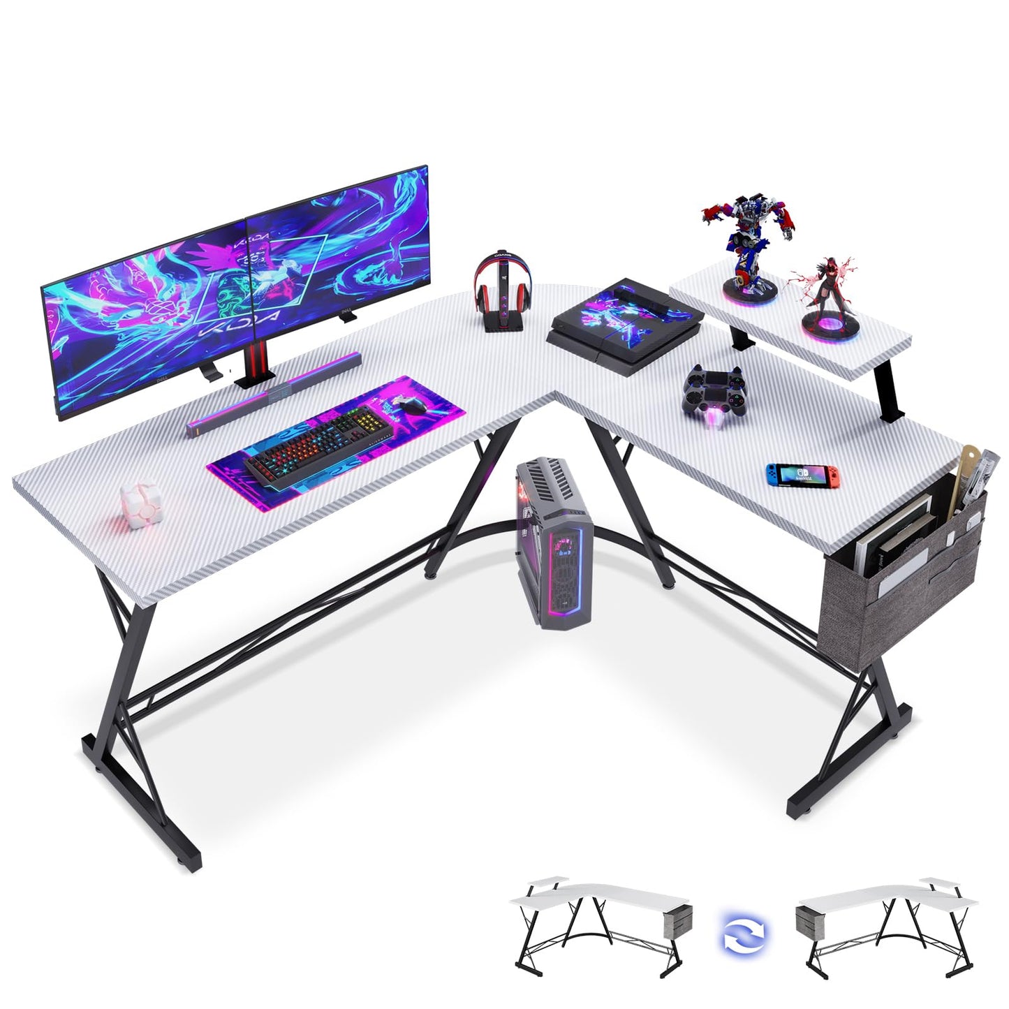 ODK Gaming Tisch, Gaming Schreibtisch Eckschreibtisch für Gamer, Schreibtisch L Form mit Monitorständer für Büro (Schwarz, 127 x 127 cm)
