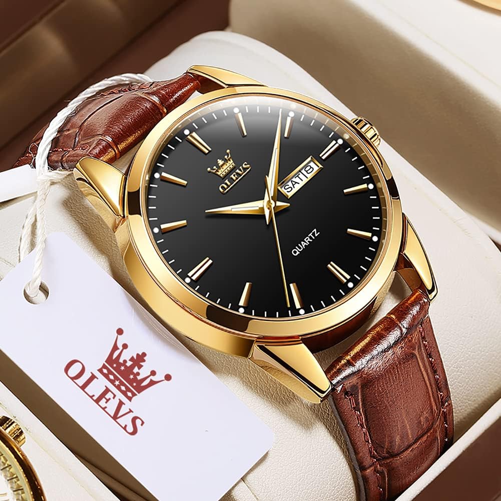 OLEVS Herrenuhren Braune Schwarz Lederarmband Quarz Uhr Männer mit Wochentag Datum Wasserdicht Leuchtende Klassische Elegantes Armbanduhr Geschenk