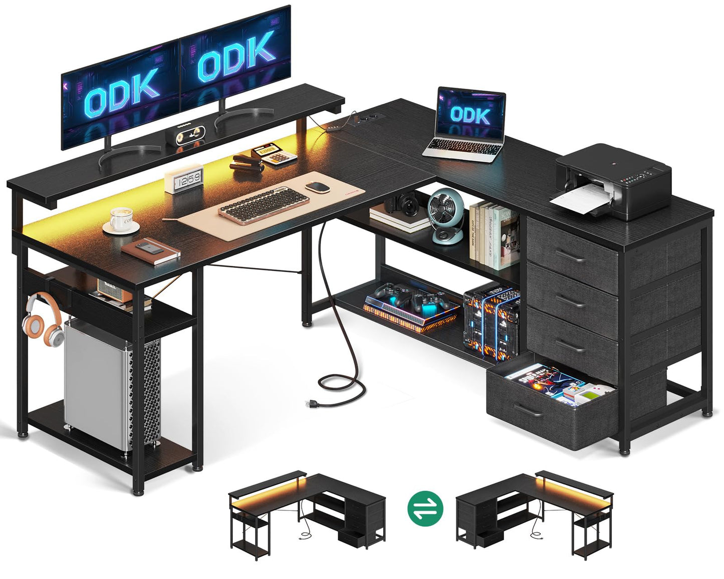 ODK Schreibtisch mit Schubladen, Reversible Eckschreibtisch mit 2 Steckdosen und 2 USB Ladeanschluss, Bürotisch L Form mit LED für Home Office 135×110cm (Schwarz)