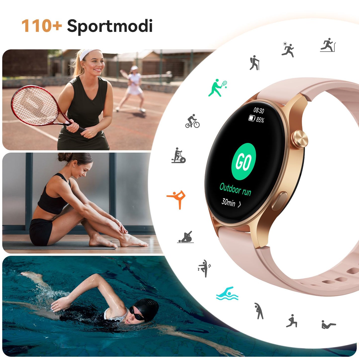 Smartwatch Herren Damen Rund mit Telefonfunktion,1.32" AMOLED Always-On-Display Uhr Herren,110+ Sportmodi Watch mit Pulsuhr Schlafmonitor,AI-Sprachassistent,IP68 wasserdicht Fitnessuhr für iOS Android