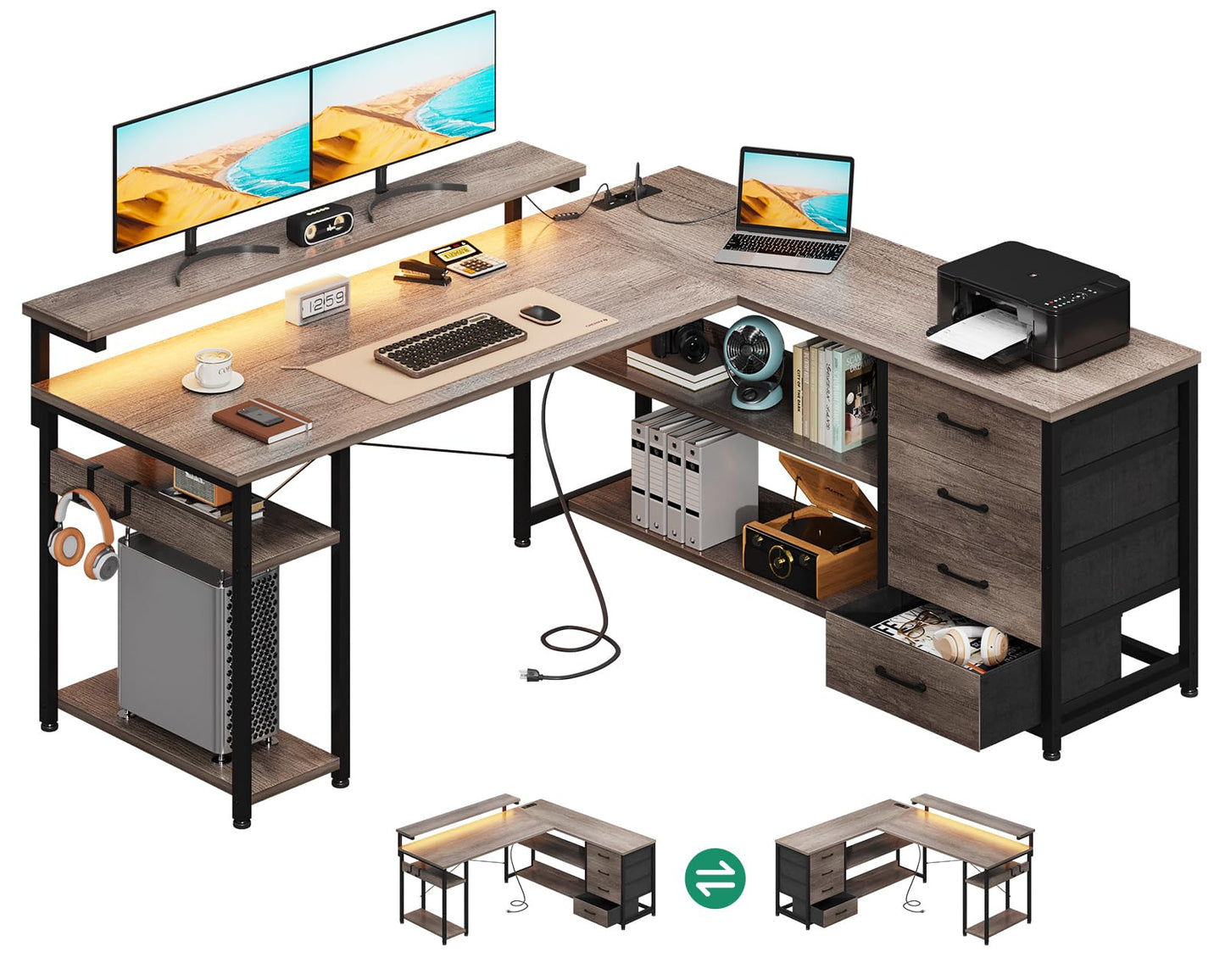 ODK Schreibtisch mit Schubladen, Reversible Eckschreibtisch mit 2 Steckdosen und 2 USB Ladeanschluss, Bürotisch L Form mit LED für Home Office 135×110cm (Schwarz)