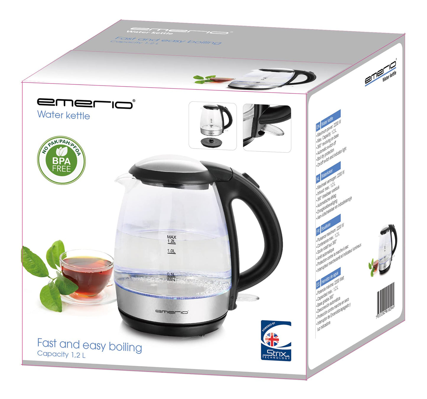 EMERIO Glas Wasserkocher mit 1.7 Liter Volumen | 2200 Watt | blaue LED Innenbeleuchtung | 360° Basis | SIEGER Preis/Leistung Haus & Garten Test | bestes Borosilikatglas | BPA frei | WK-119988.7