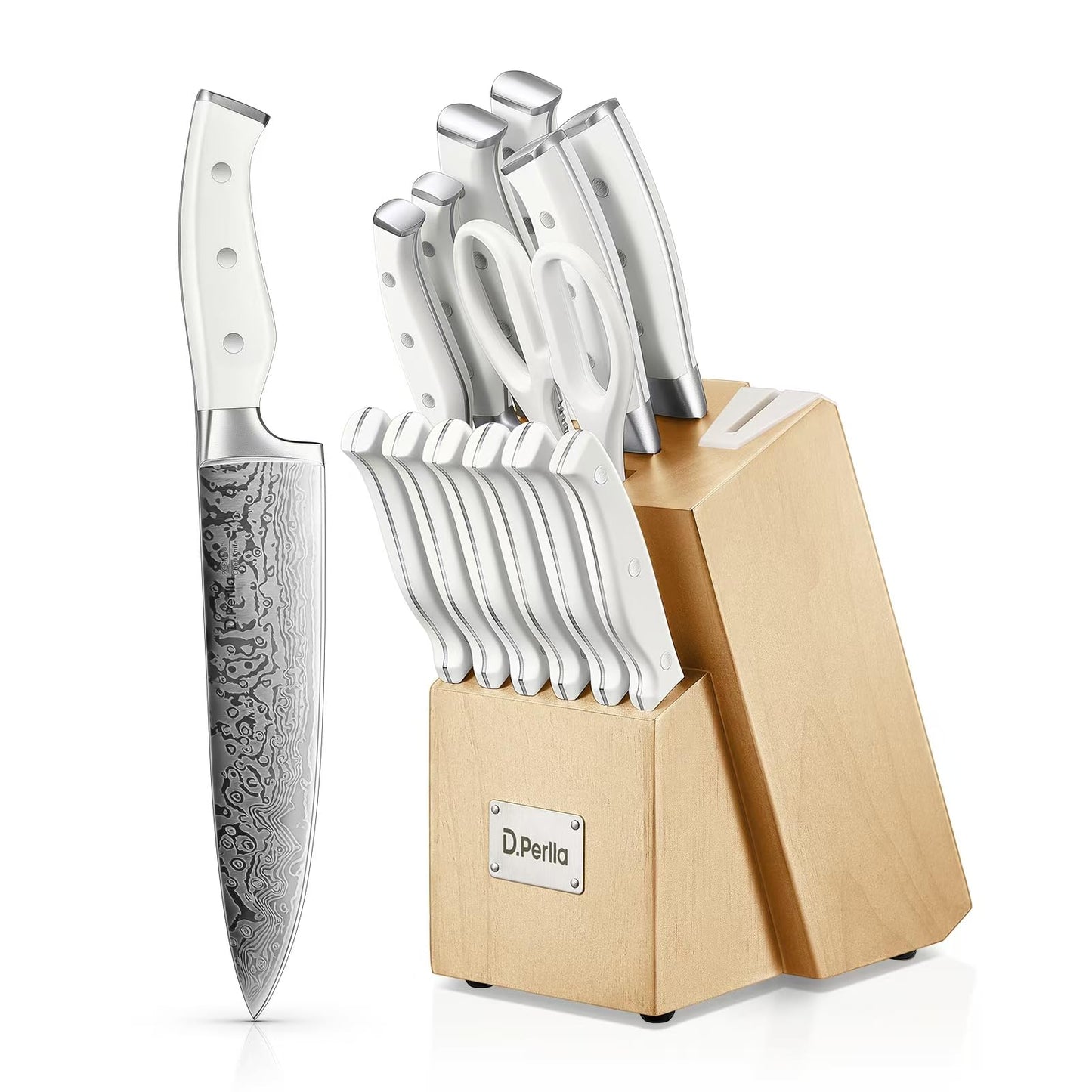 D.Perlla Messerblock Set, 14-TLG Selbstschärfender Messerblock, Scharf Edelstahl Messerset Set mit Kunststoff-Griff und Holzblock, Profi Küchenmesserset, Schwarz