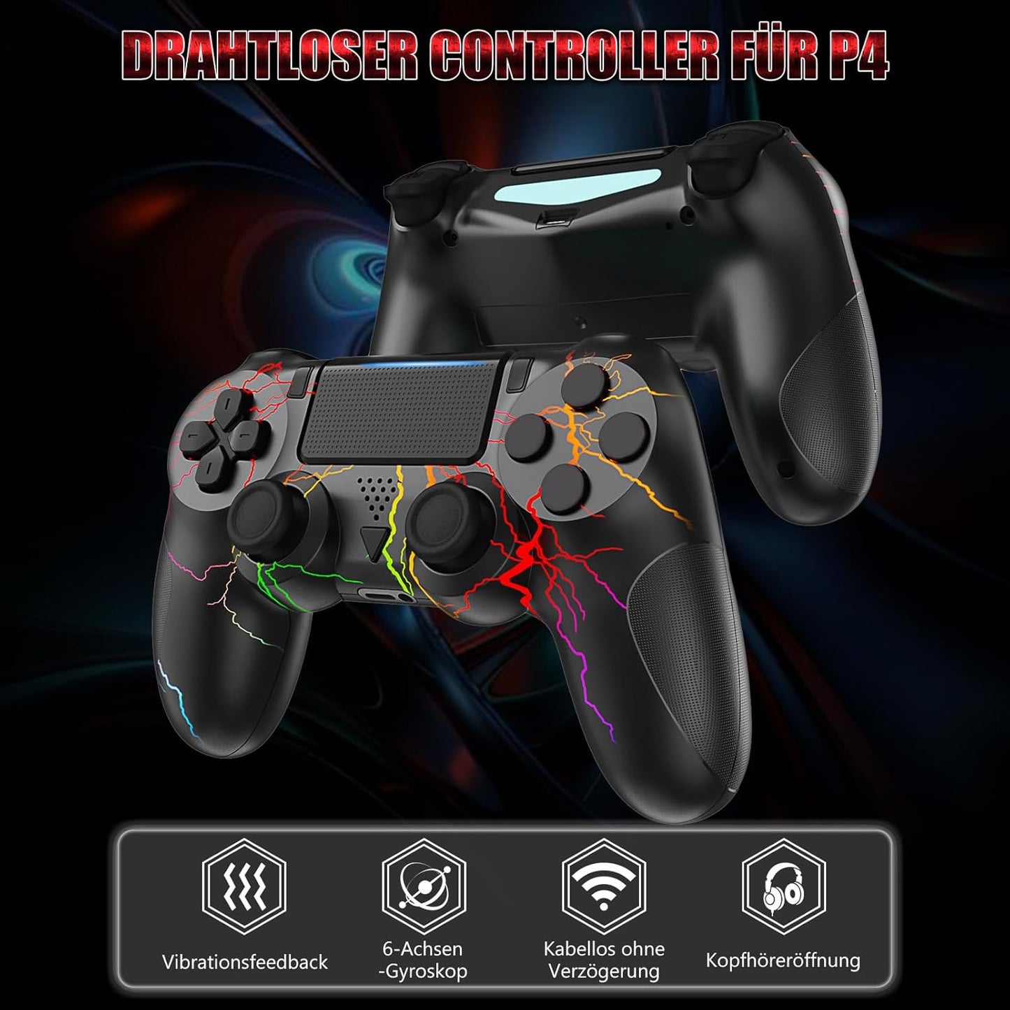 LCDNTEM Wireless Controller für PS-4, RGB Game Controller Kompatibel mit PS-4/Slim/Pro/PC, Gamepad mit Dual Vibration, LED, 6-Achsen, Touchpad