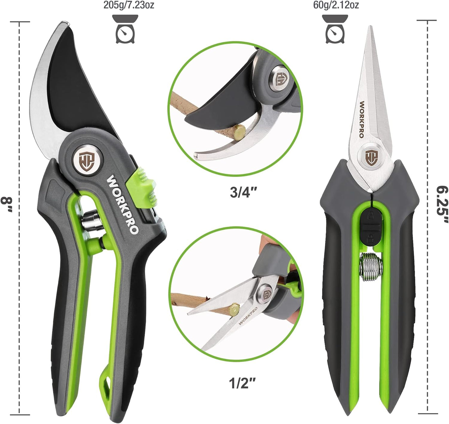 WORKPRO Gartenschere Set 2-tlg, 210mm SK5 Bypass Astschere für frische Zweige, 160mm Ernteschere Pflückschere für Blume und Frucht, Pflanzenschere Baumschere Rosenschere Blumenschere für Gartenarbeit