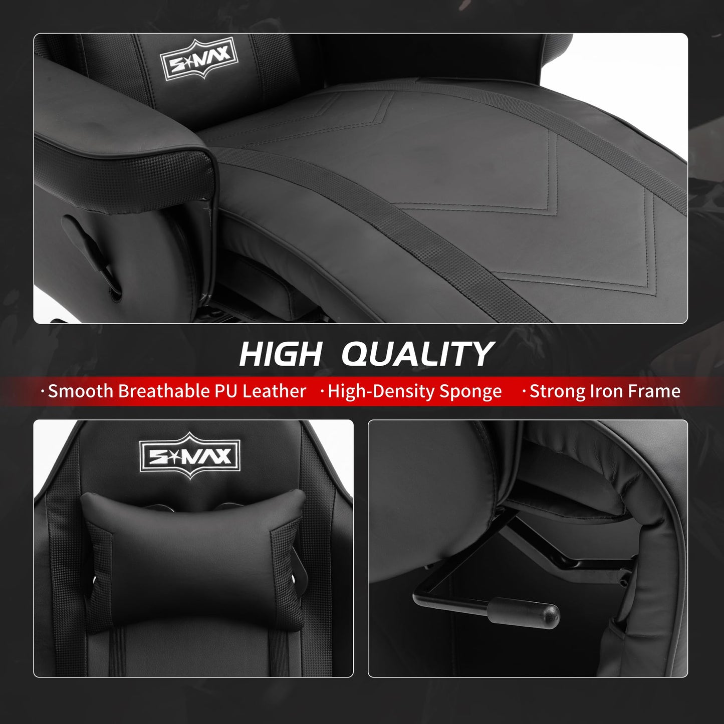 S*MAX Gaming Stuhl mit Fußstütze Gaming Sessel hoher Rückenlehne mit Verstellbarer Rückenlehne Becherhalter Seitentasche Gaming Stühle für Erwachsene Schwarz