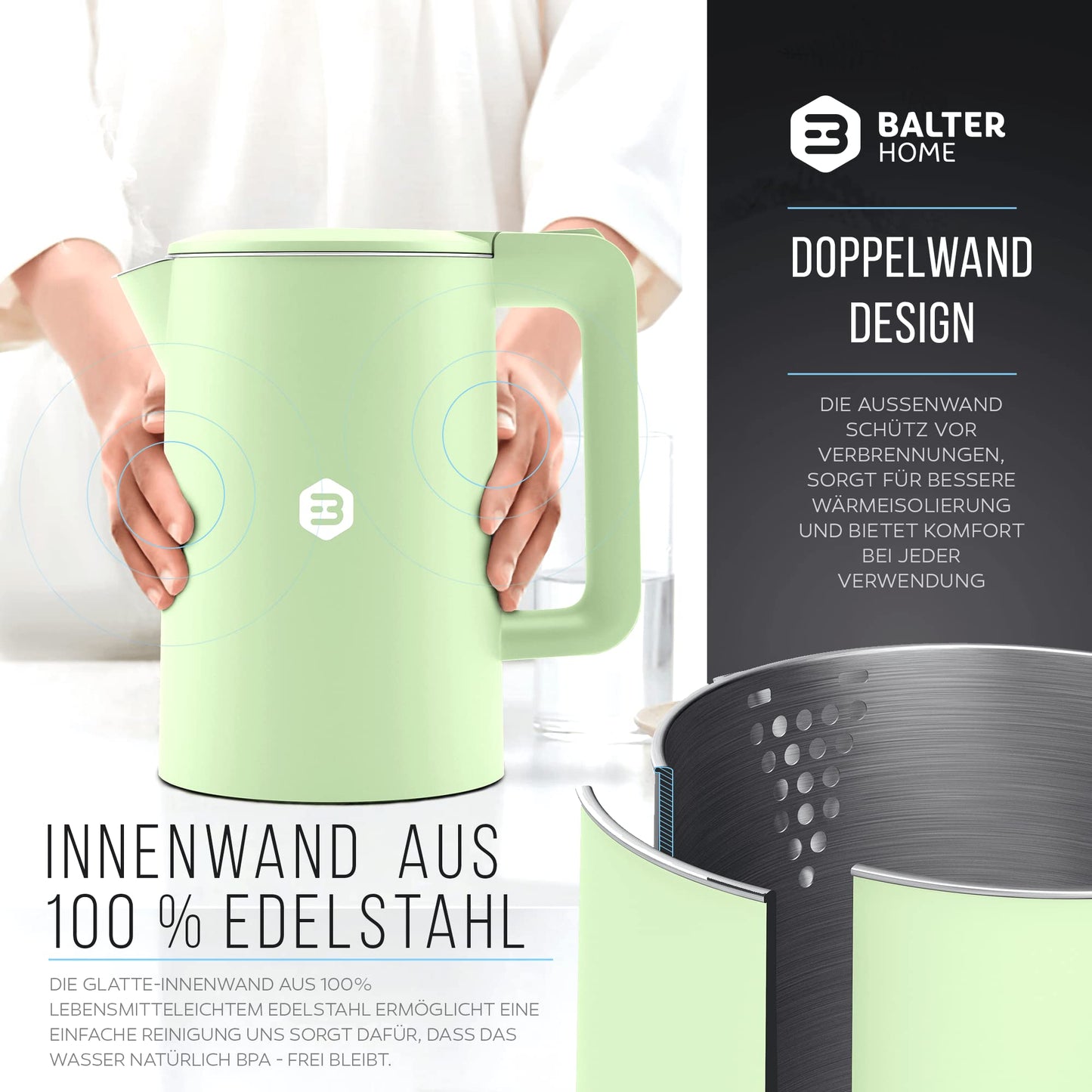 Balter Wasserkocher Edelstahl WK-4, 1,7 Liter, elektrischer Wasserkocher, Doppelwand Design, BPA frei, LED, Teekocher Kompakt, leise (Schwarz)