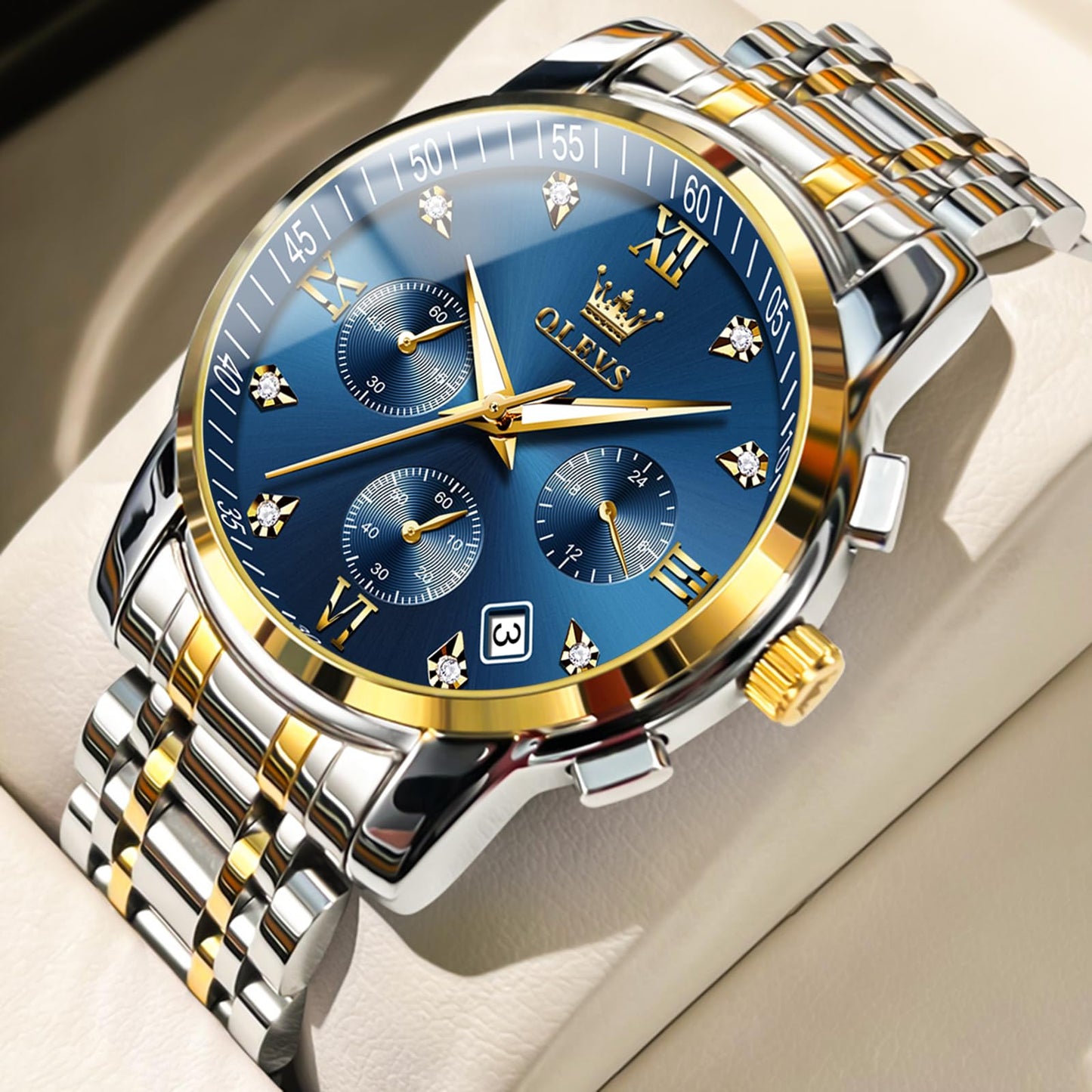 OLEVS Uhren Herren, Edelstahl Analoger Quarzuhr, Multifunktionale Diamanten Herrenuhren, Klassisches Luxuskleid Herrenuhr