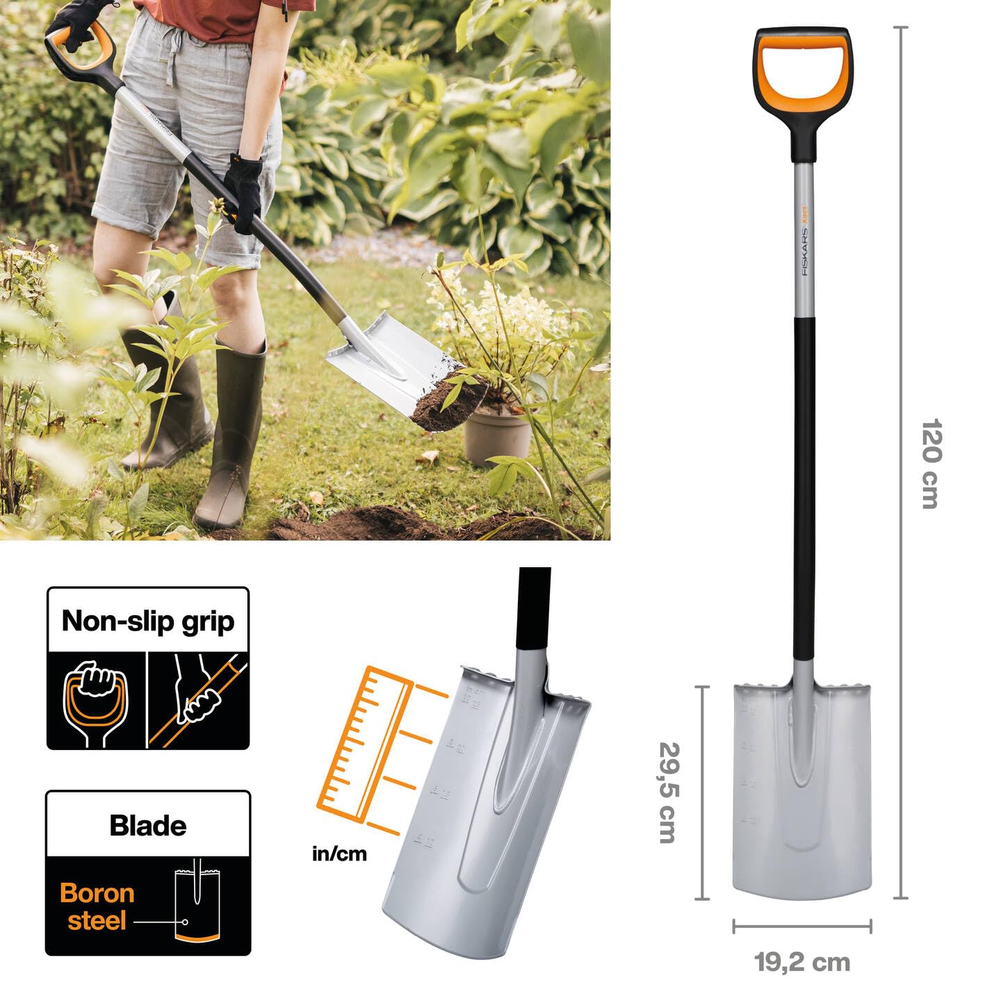 Fiskars Gärtnerspaten für harte, steinige Böden, Spitz, Länge: 120 cm, Verstärktes Borstahl-Blatt, Schwarz/Orange, Xact, 1066729