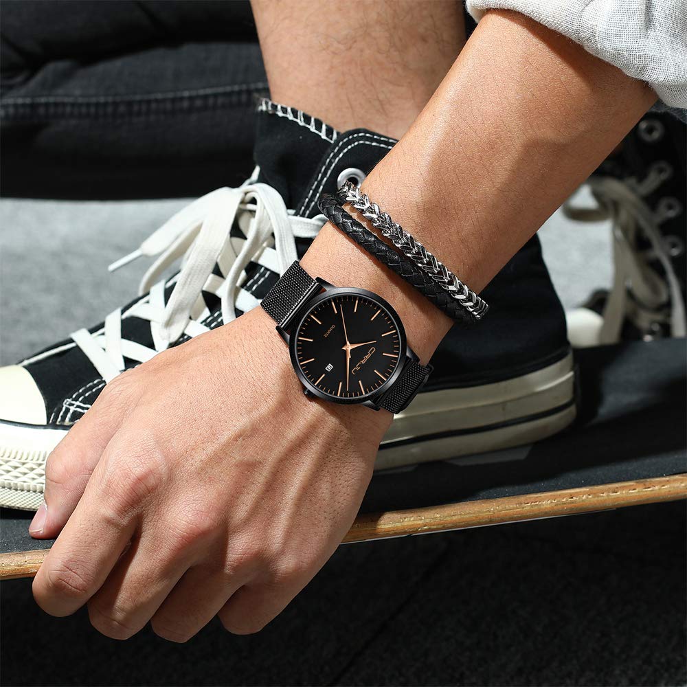 CRRJU Herren Uhr Ultra Dünne Wasserdicht Armbanduhr Herren Mode mit Schwarz Edelstahlband Mesh Analog Quarz Business Männer Uhren