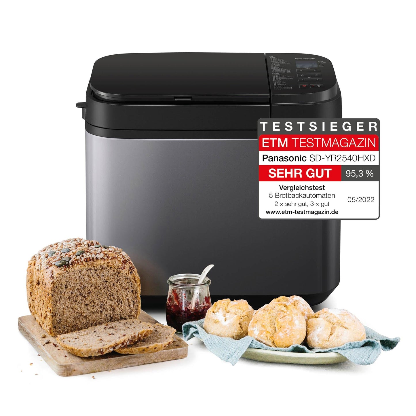 Panasonic Premium Grau Vollautomatischer Brotbackautomat, horizontales Design und Hefespender, 32 automatische Programme, zwei Temperatursensoren, 13-Stunden-Zeitvorwahl, Grau