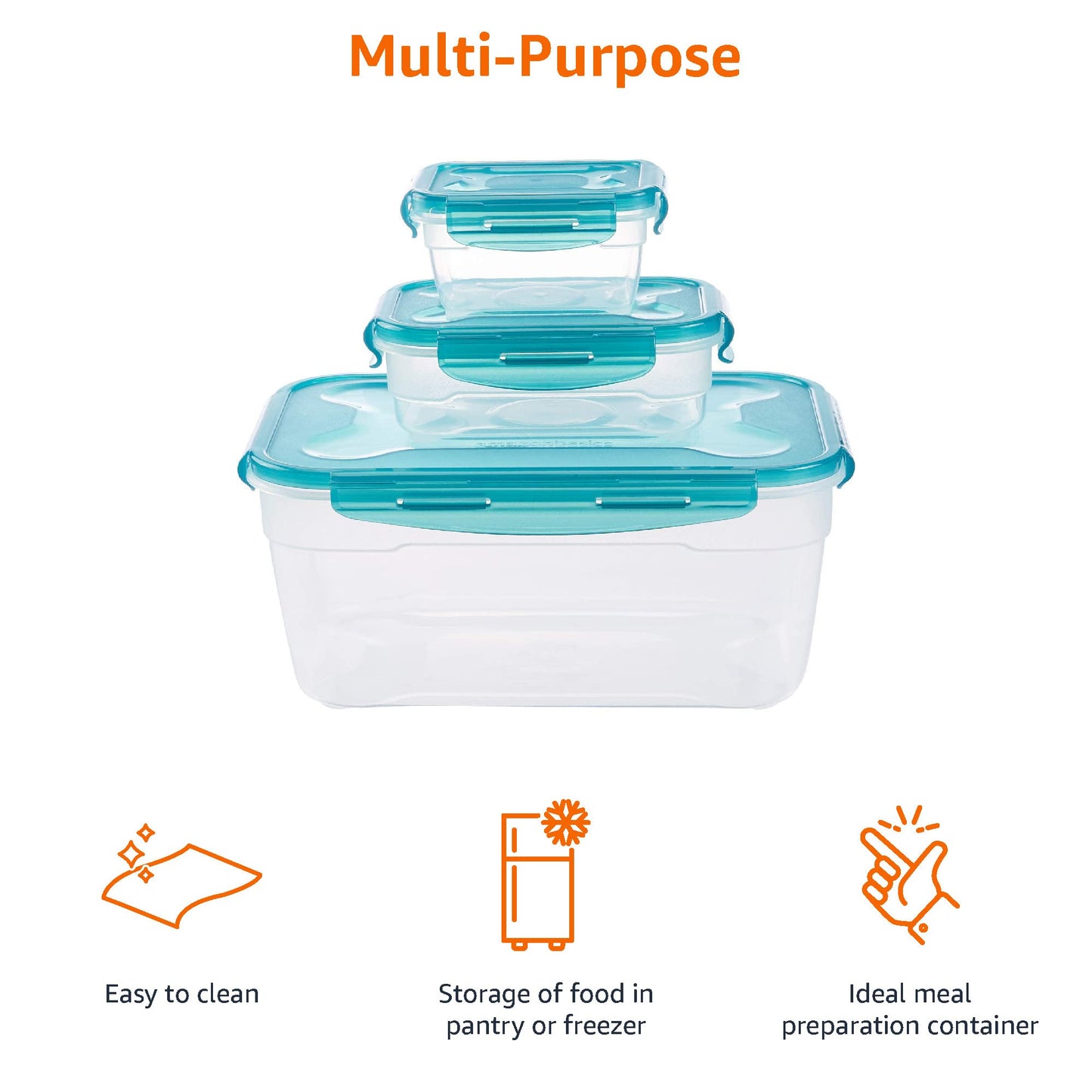 Amazon Basics Gefrierbehälter im Set, mit Deckel, luftdicht, auslaufsicher, stapelbar, für Kühlschrank/Gefriertruhe, BPA-frei, Kunststoff, mikrowellen- und spülmaschinenfest, 6 Stück 1er-Pack, farblos