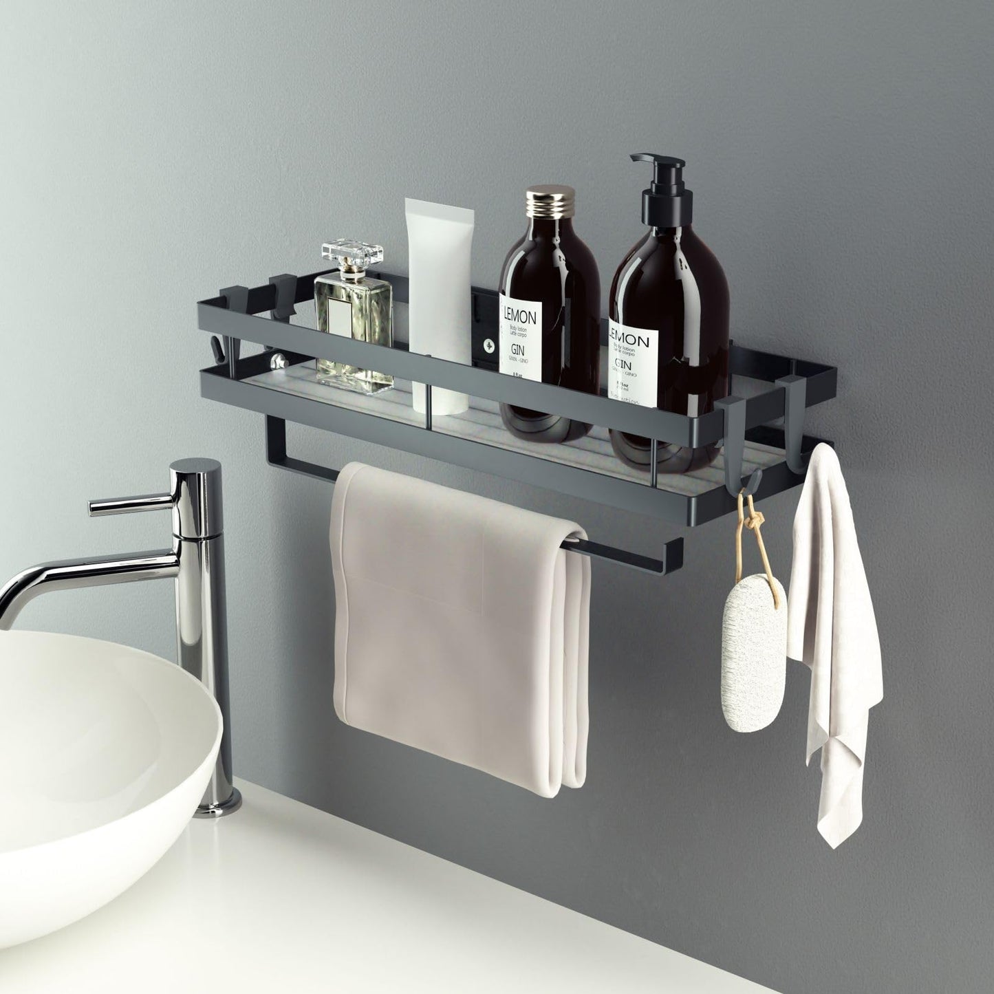 CZKDTT Gewürzregal,Küchenregal wand ohne Bohren,Gewürzregal Hängend Mit Küchenrollenhalter und 4 Haken,küchen organizer schublade,küchenutensilienhalter,35cm schwarz