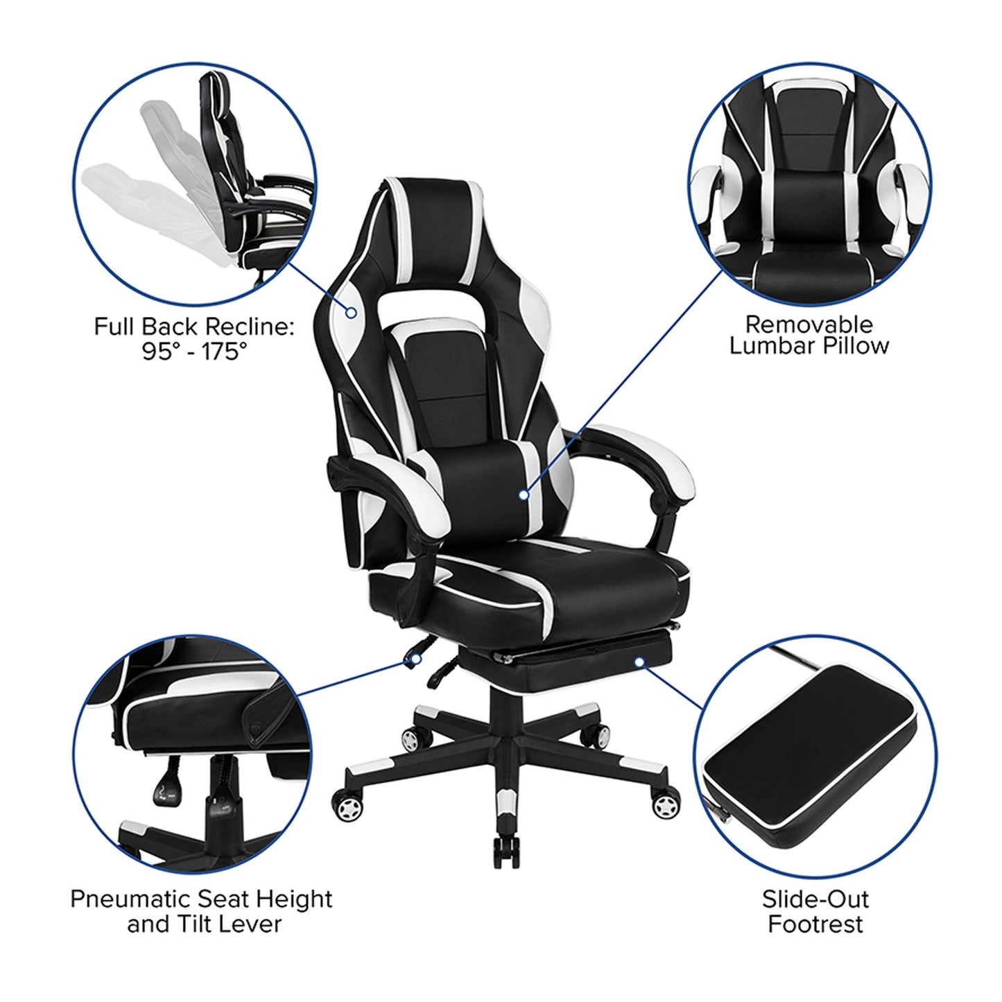 Flash Furniture X30 Gaming-Stuhl, ergonomischer Bürostuhl für PC- und Gaming-Setups, verstellbarer Rennsport-Stuhl mit vollständig verstellbarer Rückenunterstützung, schwarz mit weißer Verzierung