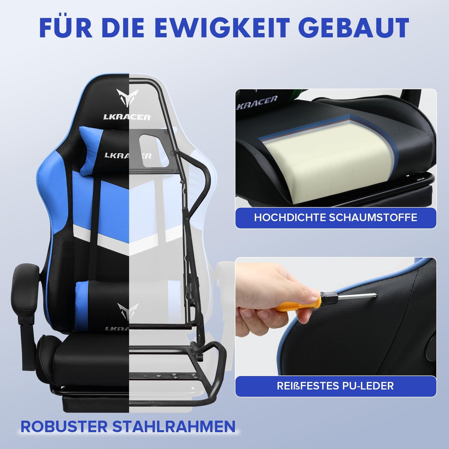 LUCKRACER Gaming Stuhl mit fußstütze Bürostuhl Ergonomisch mit verstellbare Lendenkissen, Kopfkissen Gaming Chair,Höhenverstellbarer Gamer Stuhl, 150 kg Belastbarkeit Grau