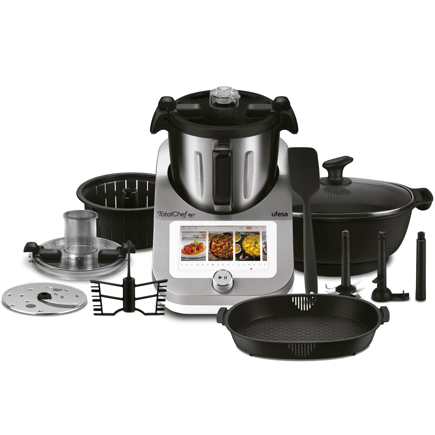 Ufesa TotalChef RK7 Küchenmaschine mit WLAN, Multifunktions Küchenroboter mit Kochfunktion, Kochroboter 30 Funktionen, 4.5L, 7-Zoll-Touchscreen, Interaktives Rezeptbuch, Silber / Weiss