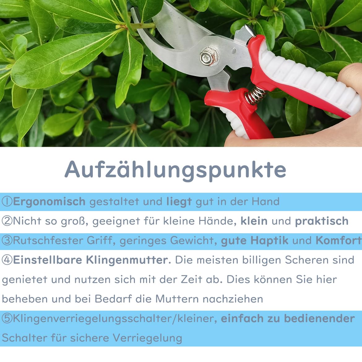 Jütze® Gartenschere für Sträucher und Blumen mit Rutschfester Griff & Edelstahl-Klinge, Leicht & Ergonomisch Rosenschere, Sicher mit Klingensperre, Beidhändig bedienbar, Länge 19cm