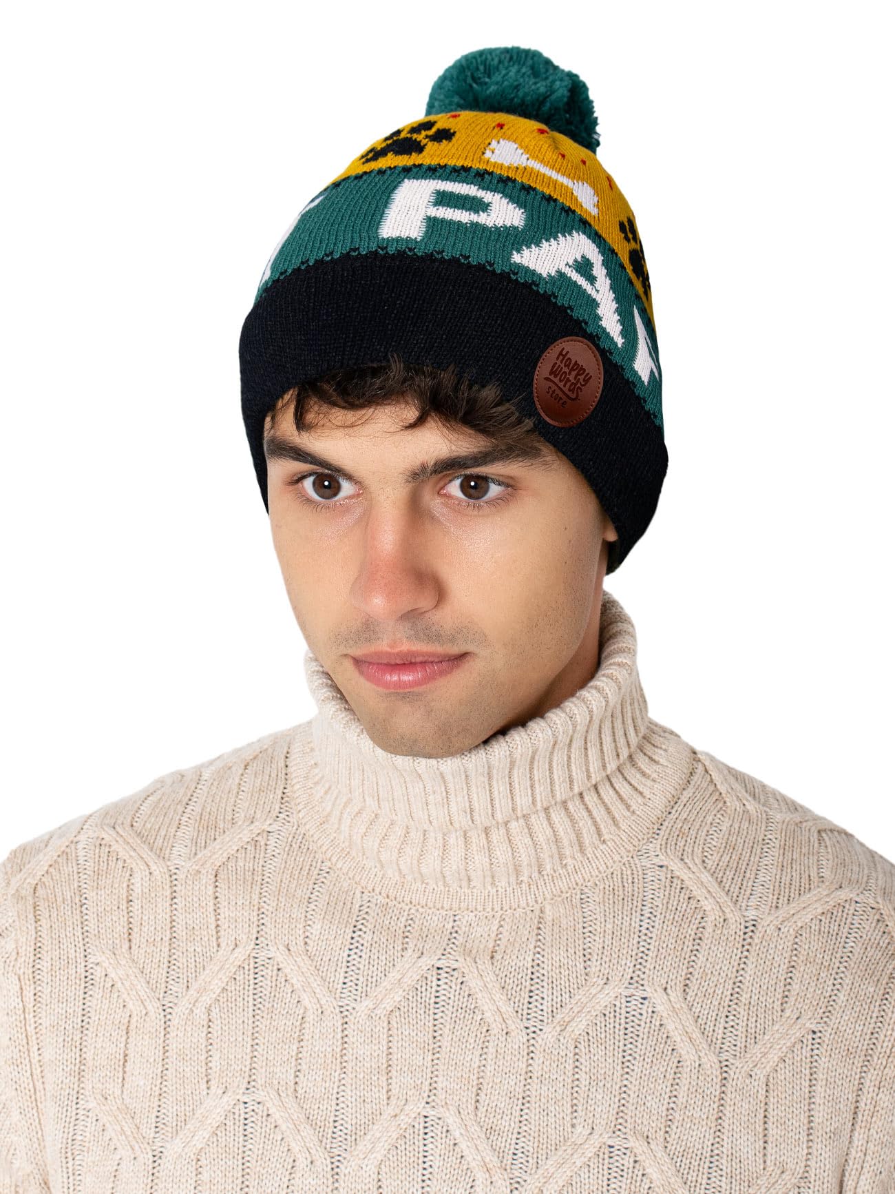 Happy Words Hats, Hats & Caps for Men and Women - Men's Hat with Bobble - Warm Winter Hat with Colourful Pattern - Knitted Hat Made of Acrylic Fabric - Gifts for Women and Men