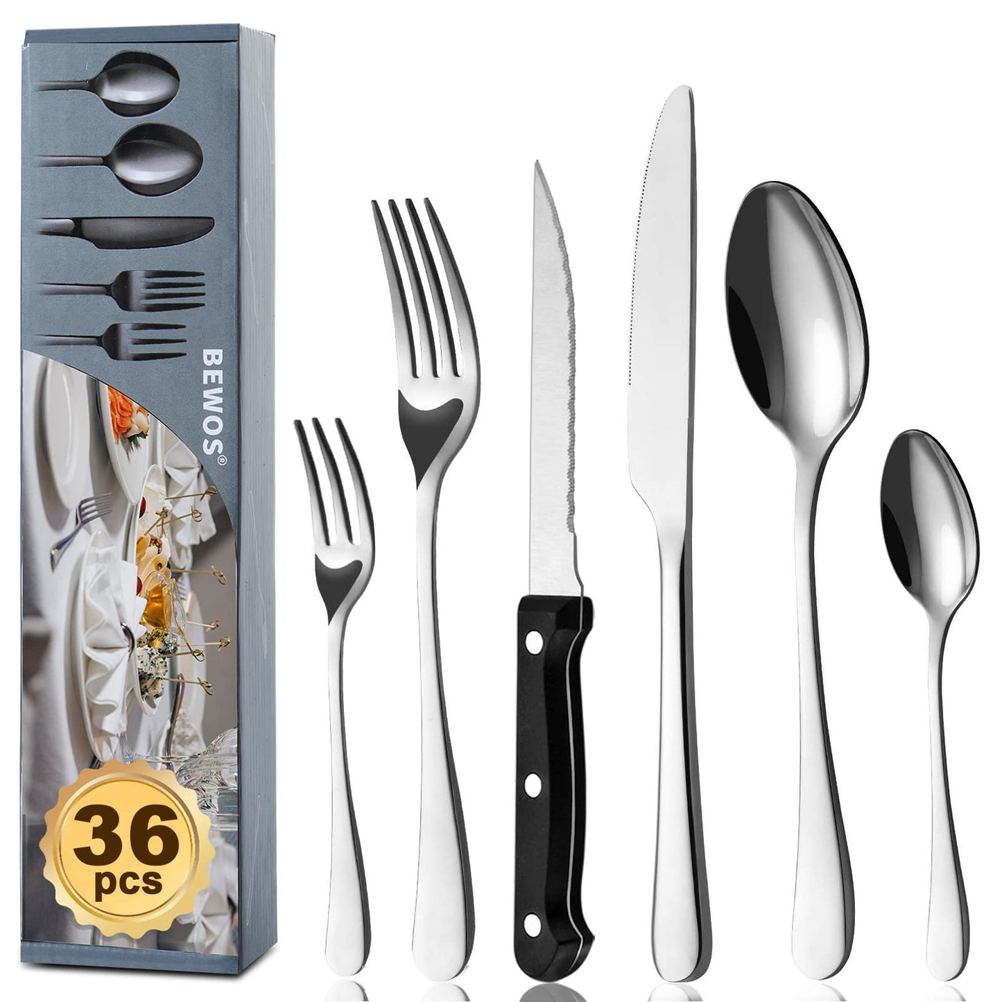 BEWOS 36-teiliges Besteck set mit Steakmesser Service für 6, Premium-Edelstahl-Bestecksets für Haus & Küche, Hochwertiges Messer-Löffel-Gabel-Besteck-Set Hochglanzpoliert, Spülmaschinenfest