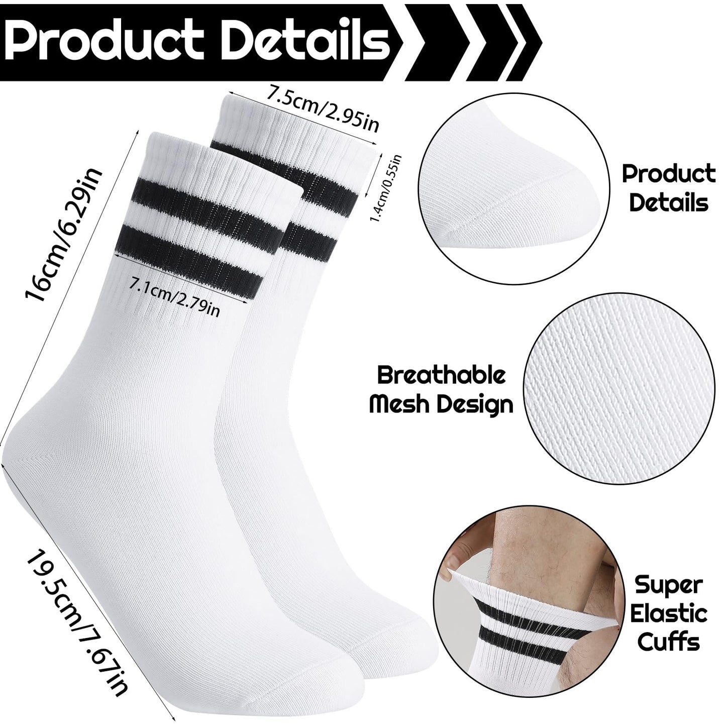 Taonganui Men’s Tennis Socks – 6-Pack Striped Cotton Sports Socks