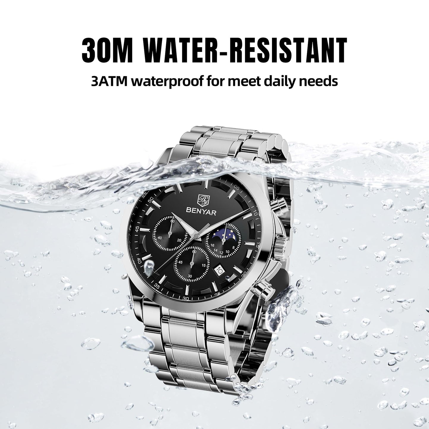 BY BENYAR Uhren Herren Chronograph Analog Quarz Wasserdicht Armbanduhr Herren Mode Lässig Business Herrenuhr mit Kalender Lederarmband/Edelstahlarmband Uhr Geschenk für Männer