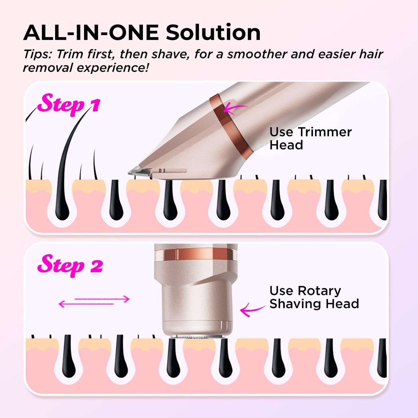 Bikini Trimmer für Frauen Schamhaare 2 in 1 Eletctric Rasierer für Frauen Wiederaufladbarer Eletctric Rasierer für Frauen IPX7 Wasserdicht Bikini Trimmer für Achselbein Arm Körper Gesicht (Roségold)