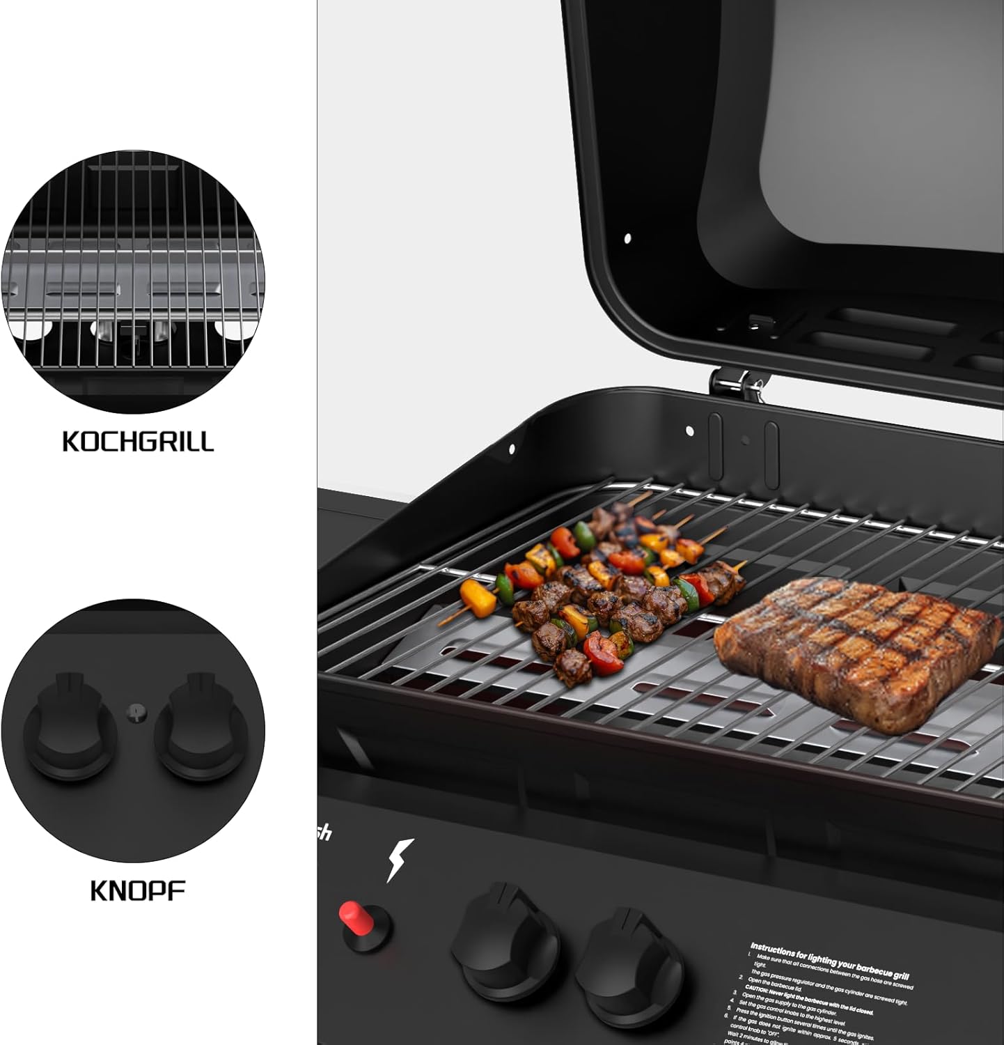 Topwish gas grill 2 burners, gas grill, small gas grill, gas grill balcony, outdoor grill, grill cart with pressure reducer and gas hose, 106.44*55.6*103.85 cm, suitable for DE, AT, SK, CH, LU, for 50 mbar, 6.0 kW