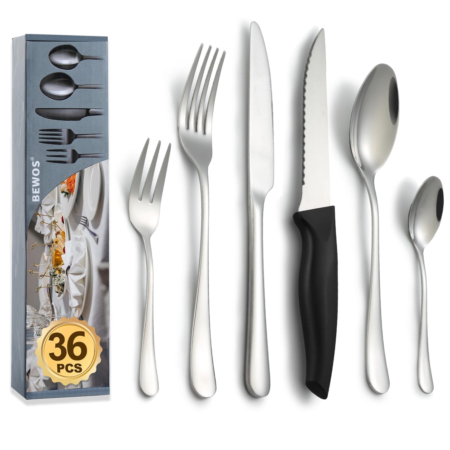 BEWOS 36-teiliges Besteck set mit Steakmesser Service für 6, Premium-Edelstahl-Bestecksets für Haus & Küche, Hochwertiges Messer-Löffel-Gabel-Besteck-Set Hochglanzpoliert, Spülmaschinenfest