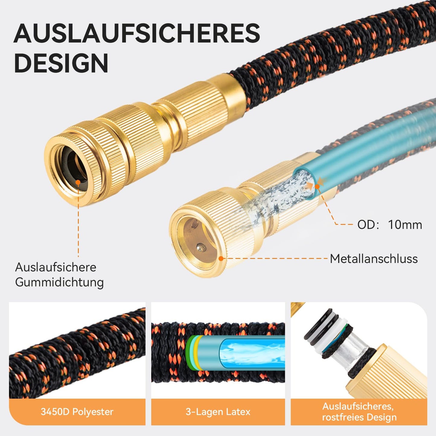 Yofidra Flexibler Gartenschlauch 30m, 3 Lagiger Latex Wasserschlauch mit 3/4 Zoll und 1/2 Zoll Metallanschlüsse, 3450D-Gewebe, Knickfrei, Strapazierfähiger Garden Hose Schlauch mit 10 Düse