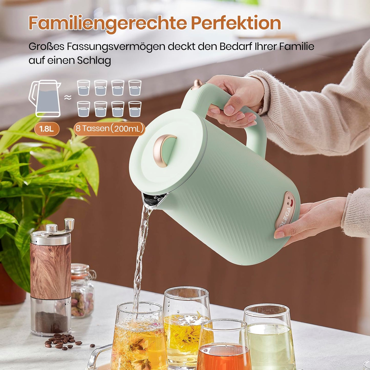 OLEGA Wasserkocher - 1800W Schnellaufheizender Elektrischer Teekessel BPA-freier 304 Edelstahl Elektrischer Wasserkocher mit Automatischer Abschaltung und Trockengehschutz Perfekt für die Familie 1.8L