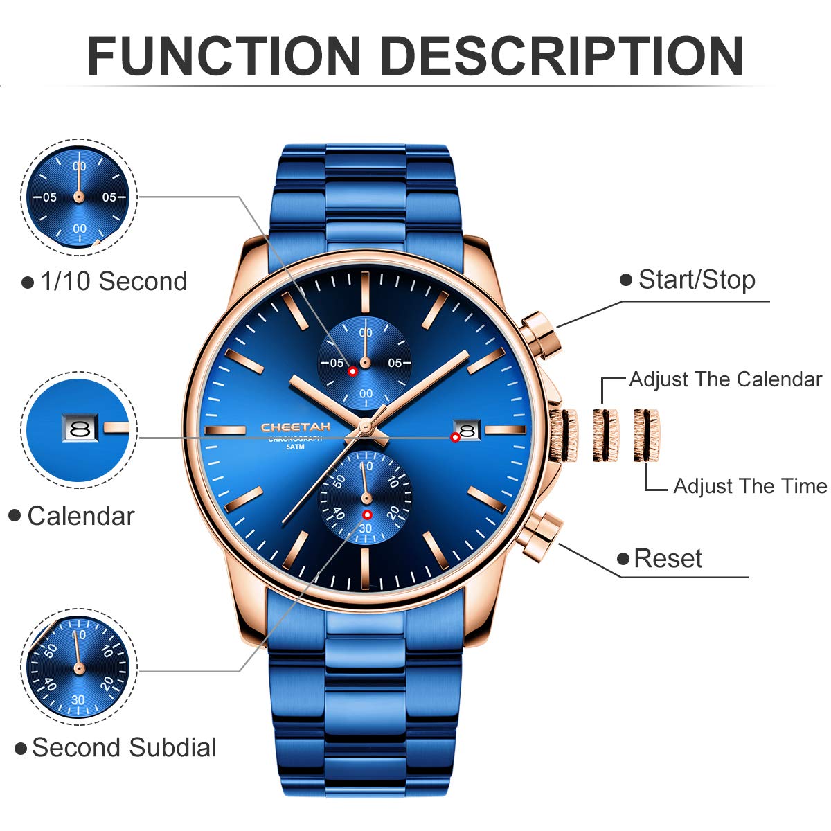 Herrenuhren mit lässiger wasserdichter Chronographen Quarzuhr aus Edelstahl und Metall, Auto Date in farbenfrohen Zeigern