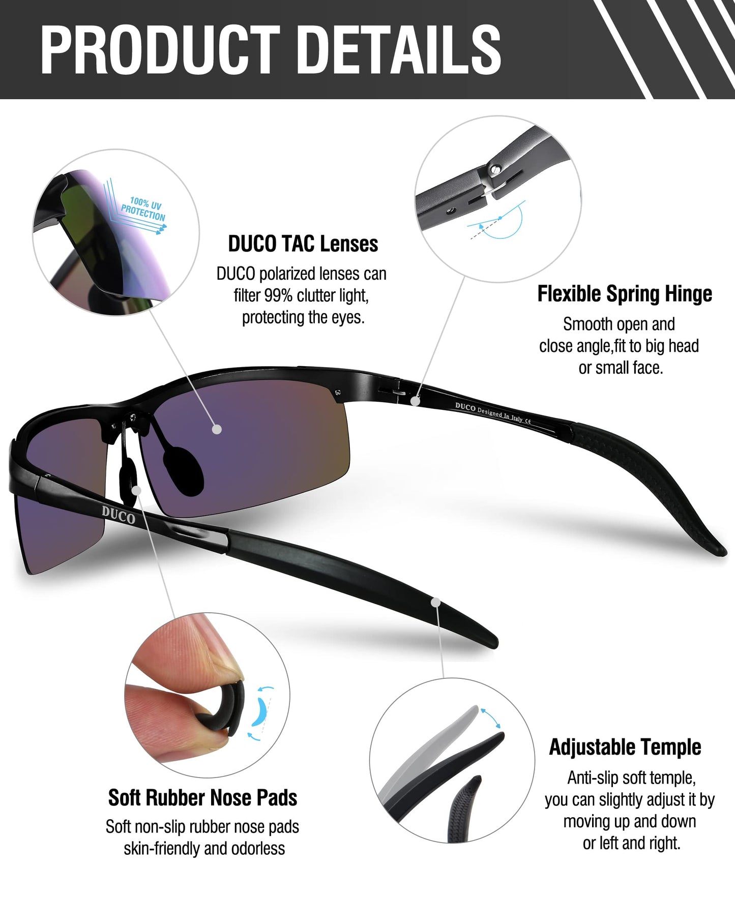 DUCO Herren Sportbrille Polarisierte Sonnenbrille Fahrerbrille Ultraleichte Al-Mg Metallrahmen UV400-Schutz Männer Sonnenbrillen 8177S