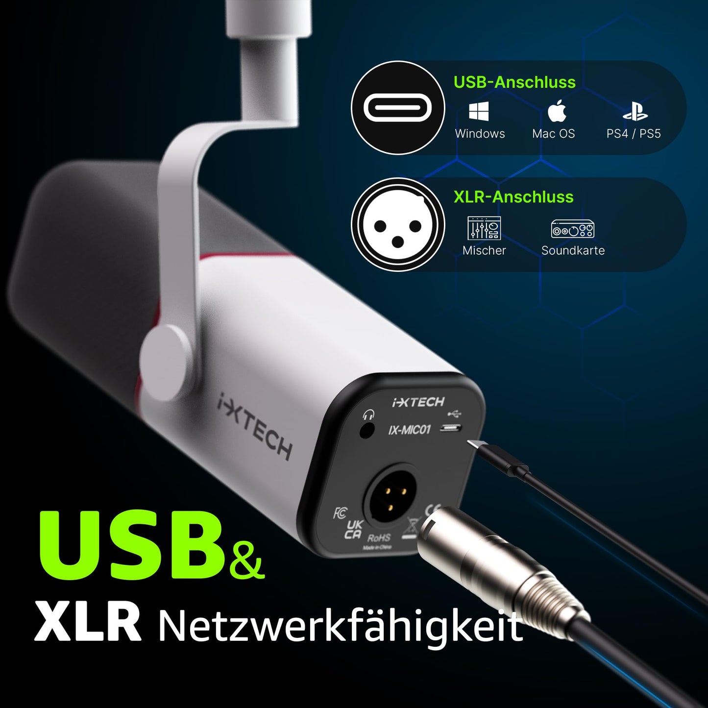 IXTECH Dynamisches Mikrofon mit Nierencharakteristik RGB Gesangsmikrofon USB XLR Studiomikrofon Software Stummschalttaste Microphone für Podcasting Streaming Aufnahme Gaming und Voice-Over Schwarz