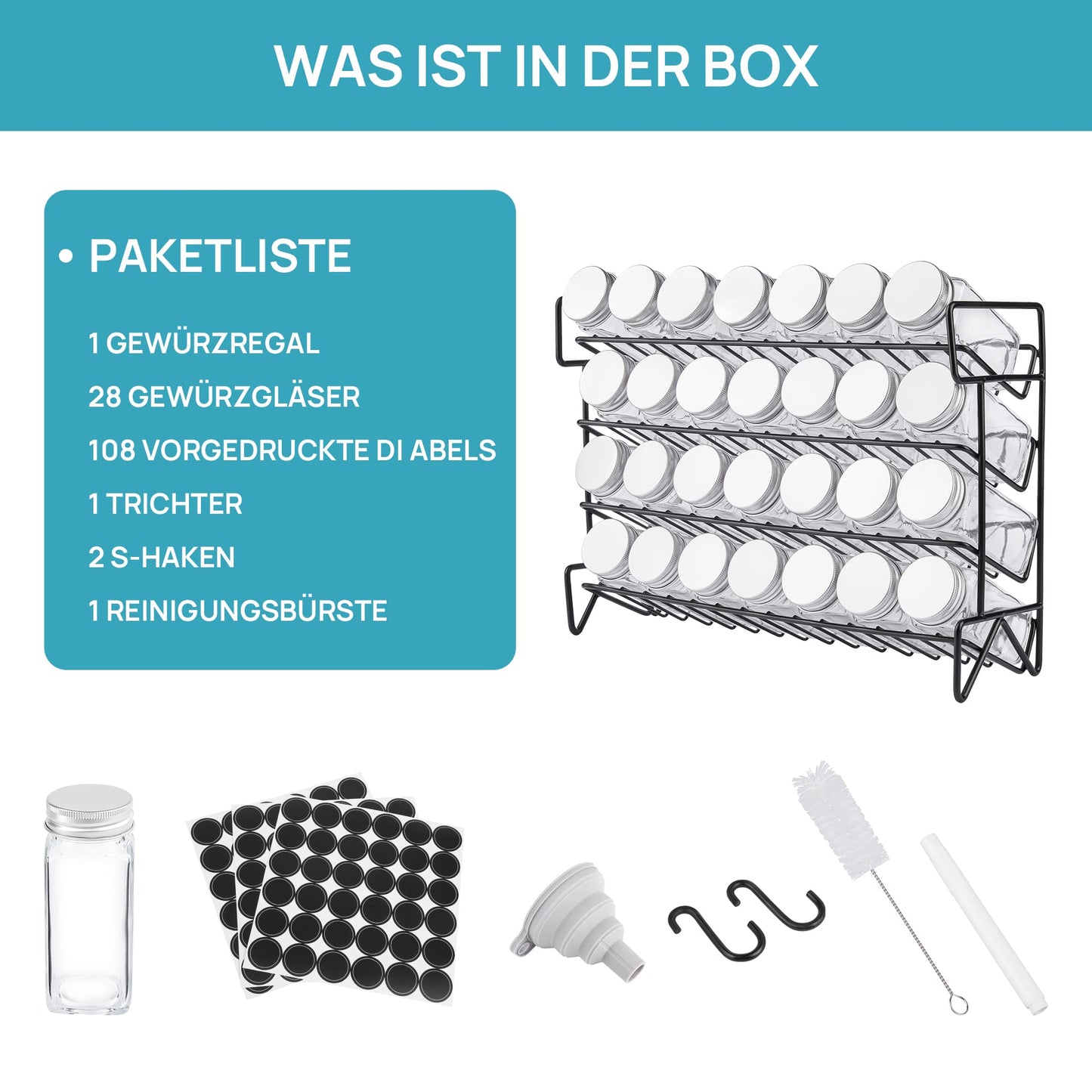 Vtopmart 4-stöckiges Gewürzregal Stehend, 28 Leere Gewürzgläser mit Gestell und 432 Gewürzetiketten, Gewürz-Organizer für Küchen, Schrank, Speisekammer, Schrank, Arbeitsplatte