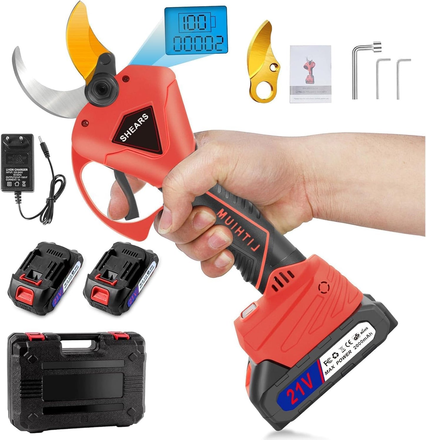Electric Secateurs, Cordless Electric Professional Max 50 mm, Sharp Sk7 Blades, 4000 mAh Garden Shears with Display, Garden Shears 900 W with Brushless Motor for Gardening, Fruit Trees