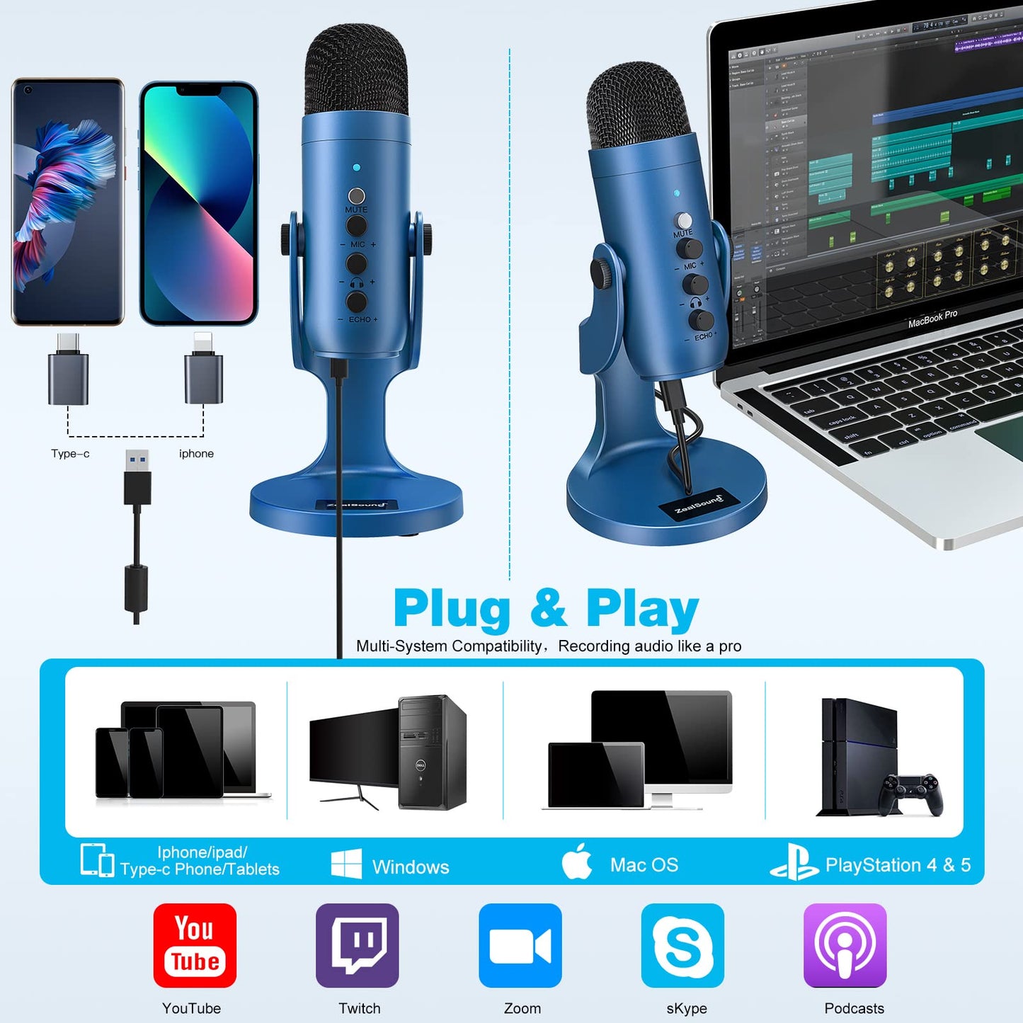 zealsound USB Mikrofon, Kondensator Mikrofon für PC Handy, PS4, PS5, Microphone PC USB C für Gaming, Podcast,Aufnahmen,Streaming,ASMR mit Stumm/Gain/Echo, Adapter für Phone,Kompatibel mit Mac, Winows