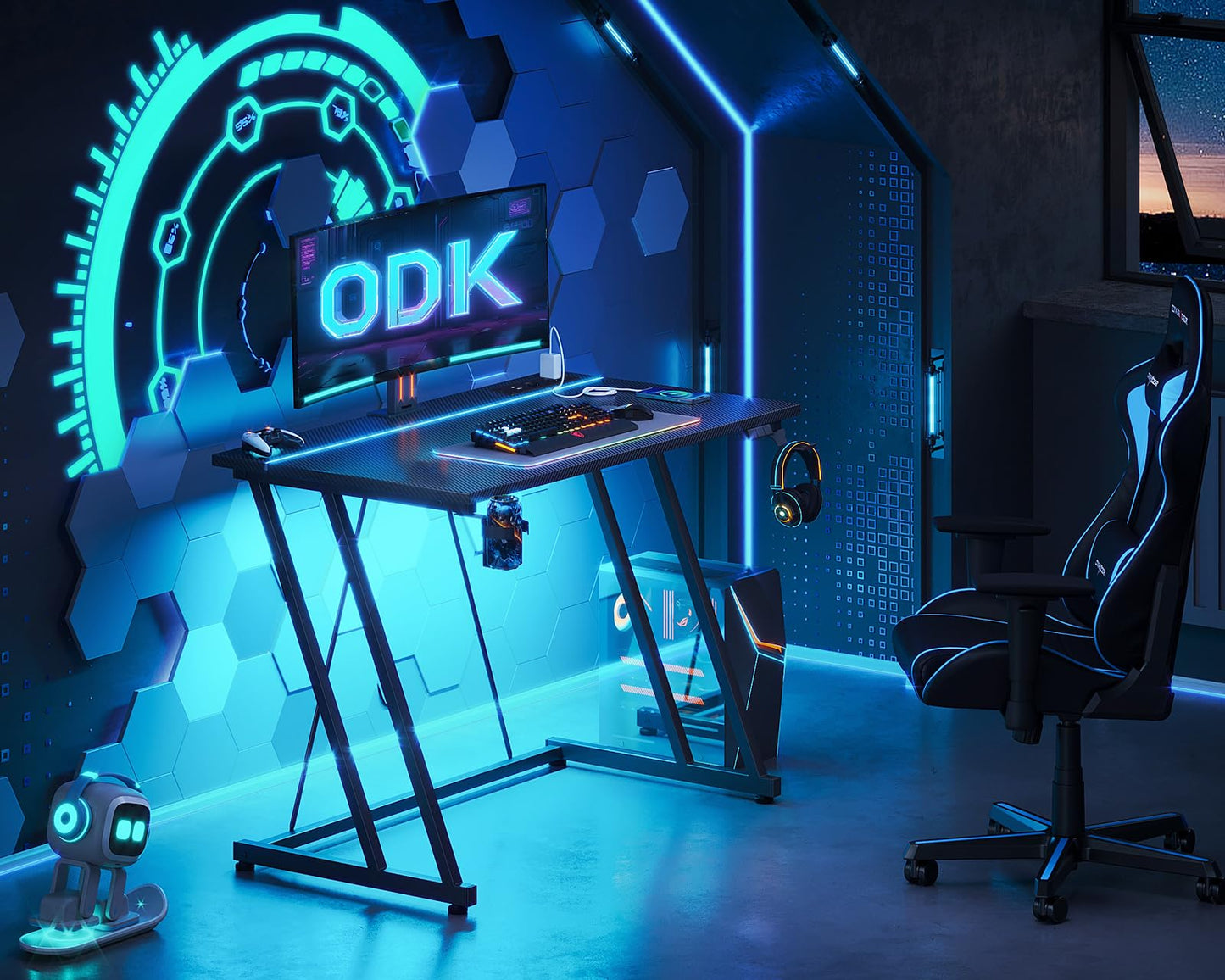 ODK Gaming Tisch mit LED & Steckdose, Gaming Schreibtisch mit Becherhalter und Kopfhörerhaken, Doppel-Z-Rahmen-Design Kleiner Computertisch, Carbon Fiber Schwarz PC Tisch 120 cm