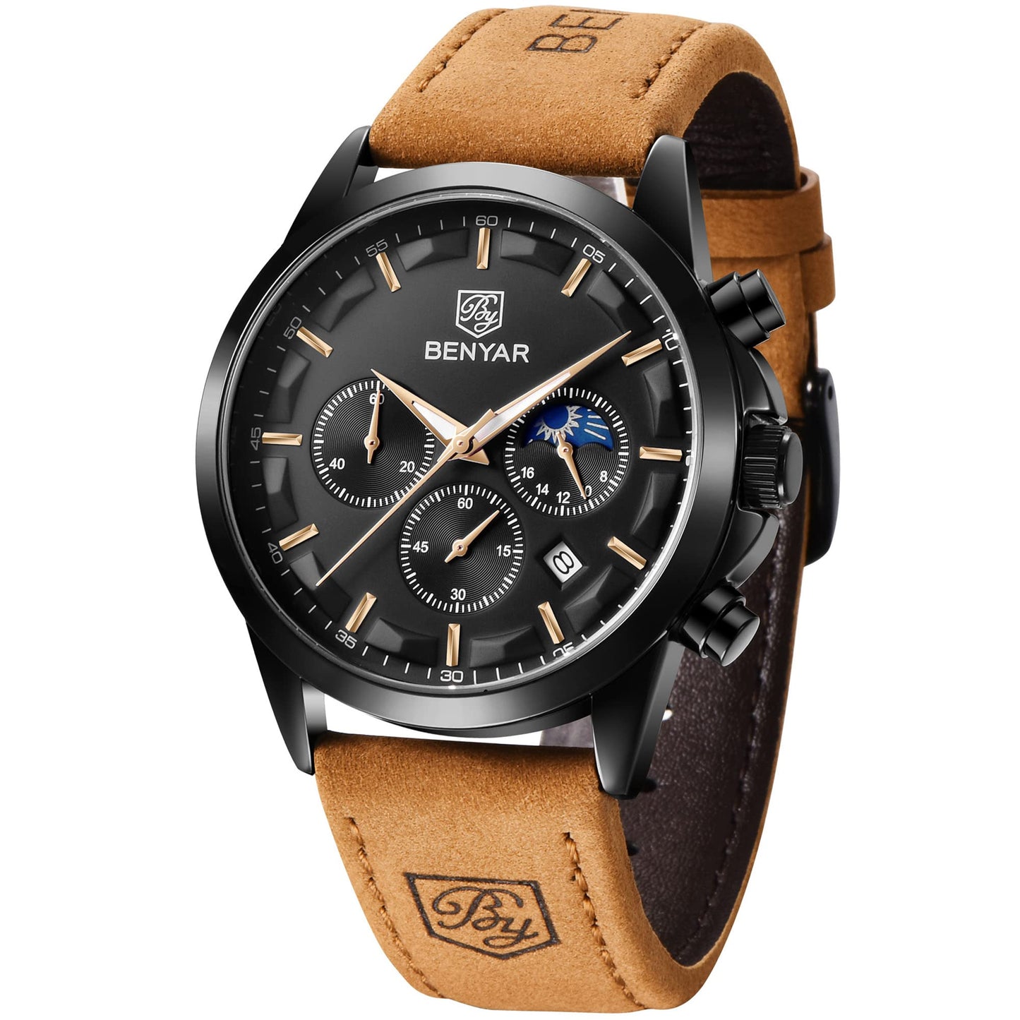 BY BENYAR Uhren Herren Chronograph Analog Quarz Wasserdicht Armbanduhr Herren Mode Lässig Business Herrenuhr mit Kalender Lederarmband/Edelstahlarmband Uhr Geschenk für Männer