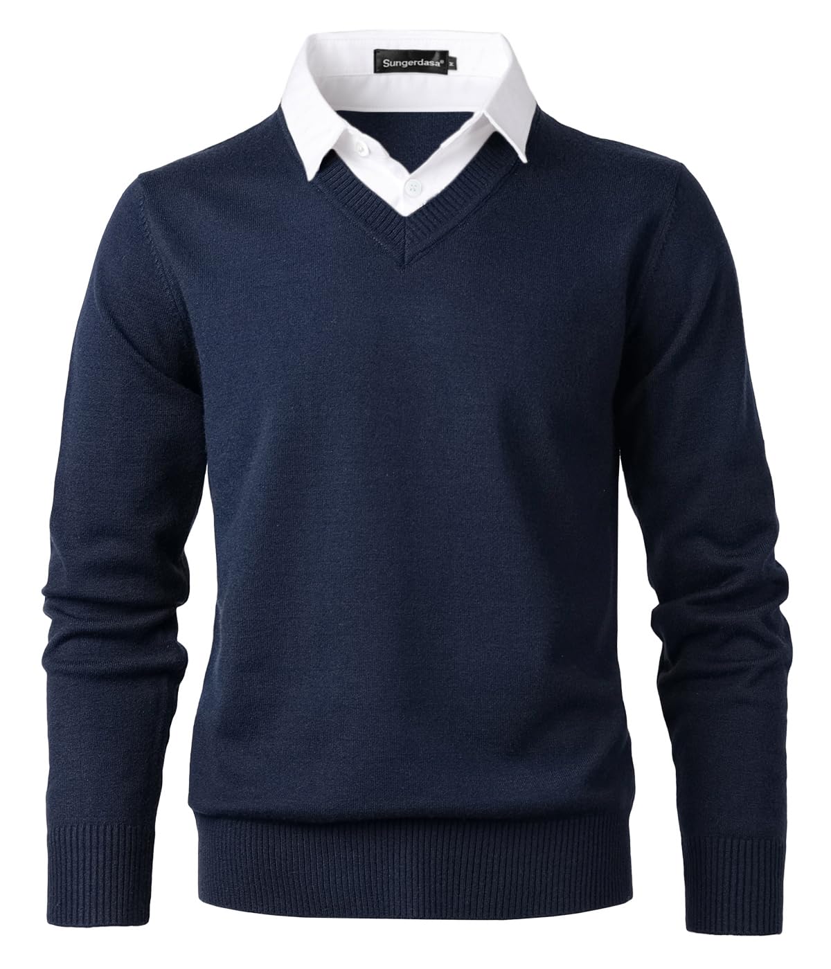 Sungerdasa Men’s 2-in-1 Mock Shirt Collar Sweater – Fine Knit Pullover