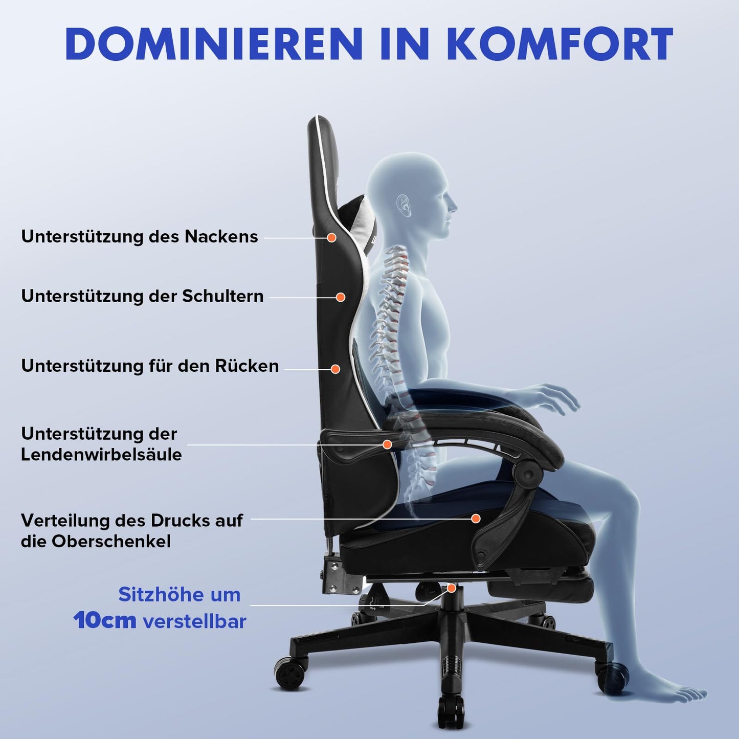 LUCKRACER Gaming Stuhl mit fußstütze Bürostuhl Ergonomisch mit verstellbare Lendenkissen, Kopfkissen Gaming Chair,Höhenverstellbarer Gamer Stuhl, 150 kg Belastbarkeit Grau