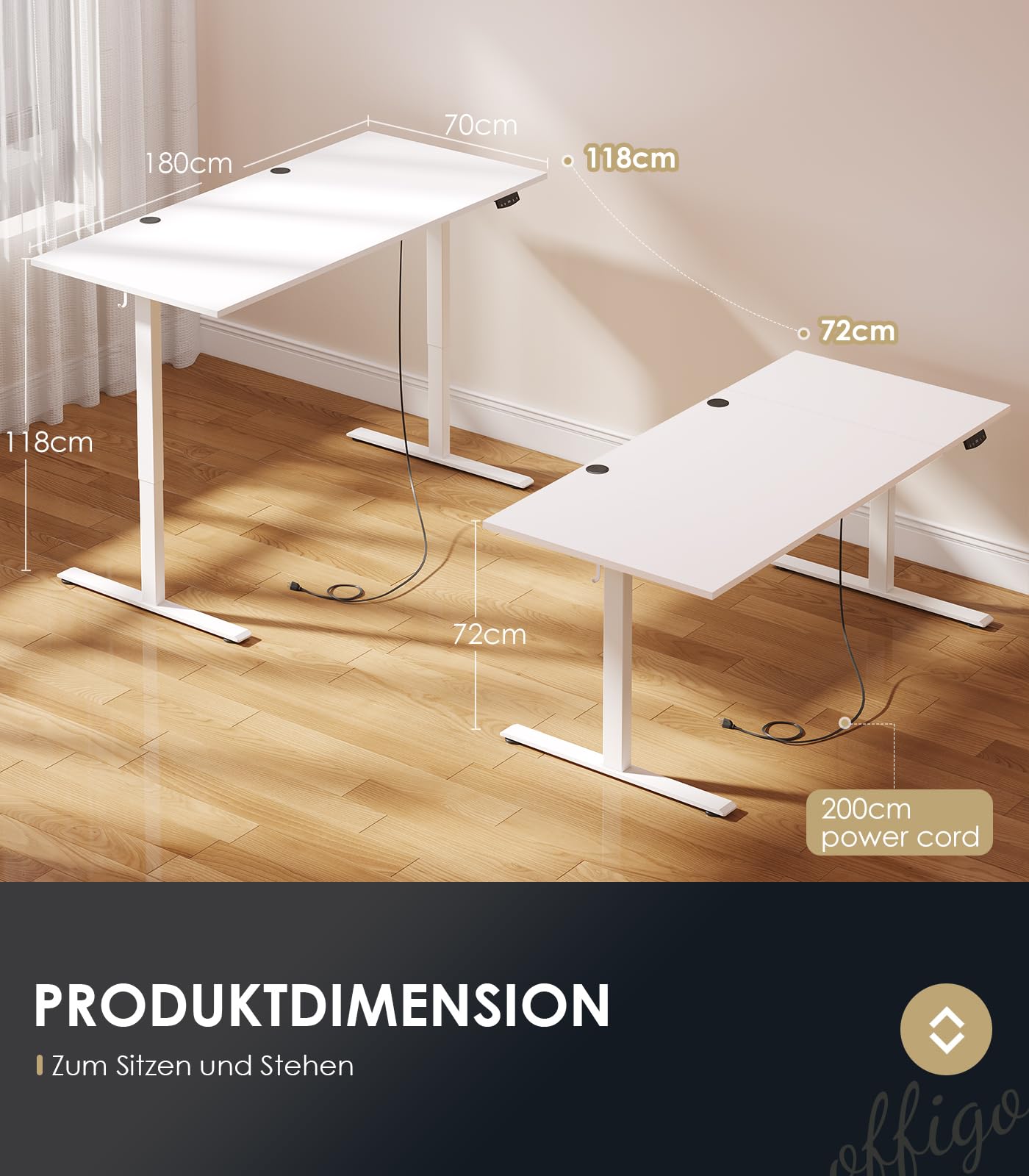 OffiGo Höhenverstellbarer Schreibtisch, 120 cm Elektrischer Schreibtisch, Ergonomischer Tisch mit Memory-Funktion, Gaming Tisch Höhenverstellbar, Moderner Computertisch für Zuhause und Büro, Weiß