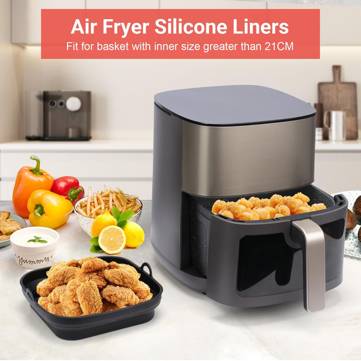 Alyvisun Silikonform für Heißluftfritteuse 2 Stück Airfryer Silikon Backform Wiederverwendbar Silikoneinsatz Zubehör Quadratisch Silikonmatte Pot Liner für Air Fryer, Mikrowelle, Ofen, Blau+Grau