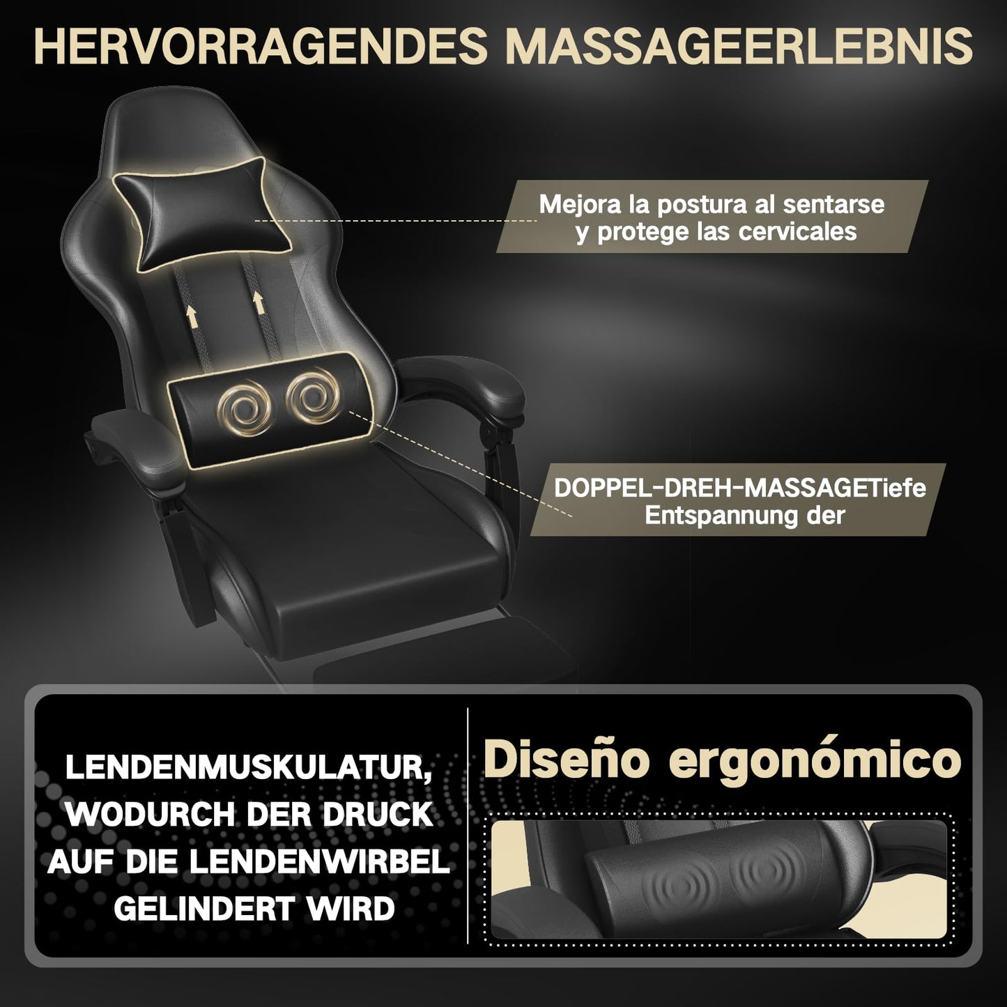 Devoko Massage Gaming Chair, Office Chair with Footrest and Massage Lumbar Cushion, Gamer Chair with Headrest, Ergonomic Gaming PC Chair 150 kg Load Capacity, Black