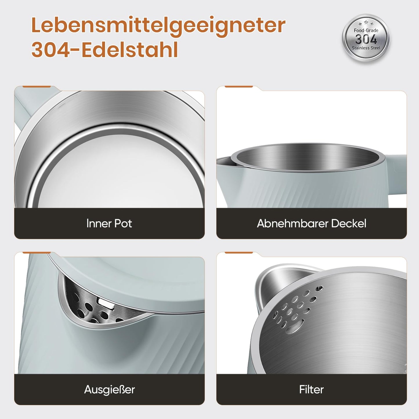 OLEGA Wasserkocher - 1800W Schnellaufheizender Elektrischer Teekessel BPA-freier 304 Edelstahl Elektrischer Wasserkocher mit Automatischer Abschaltung und Trockengehschutz Perfekt für die Familie 1.8L