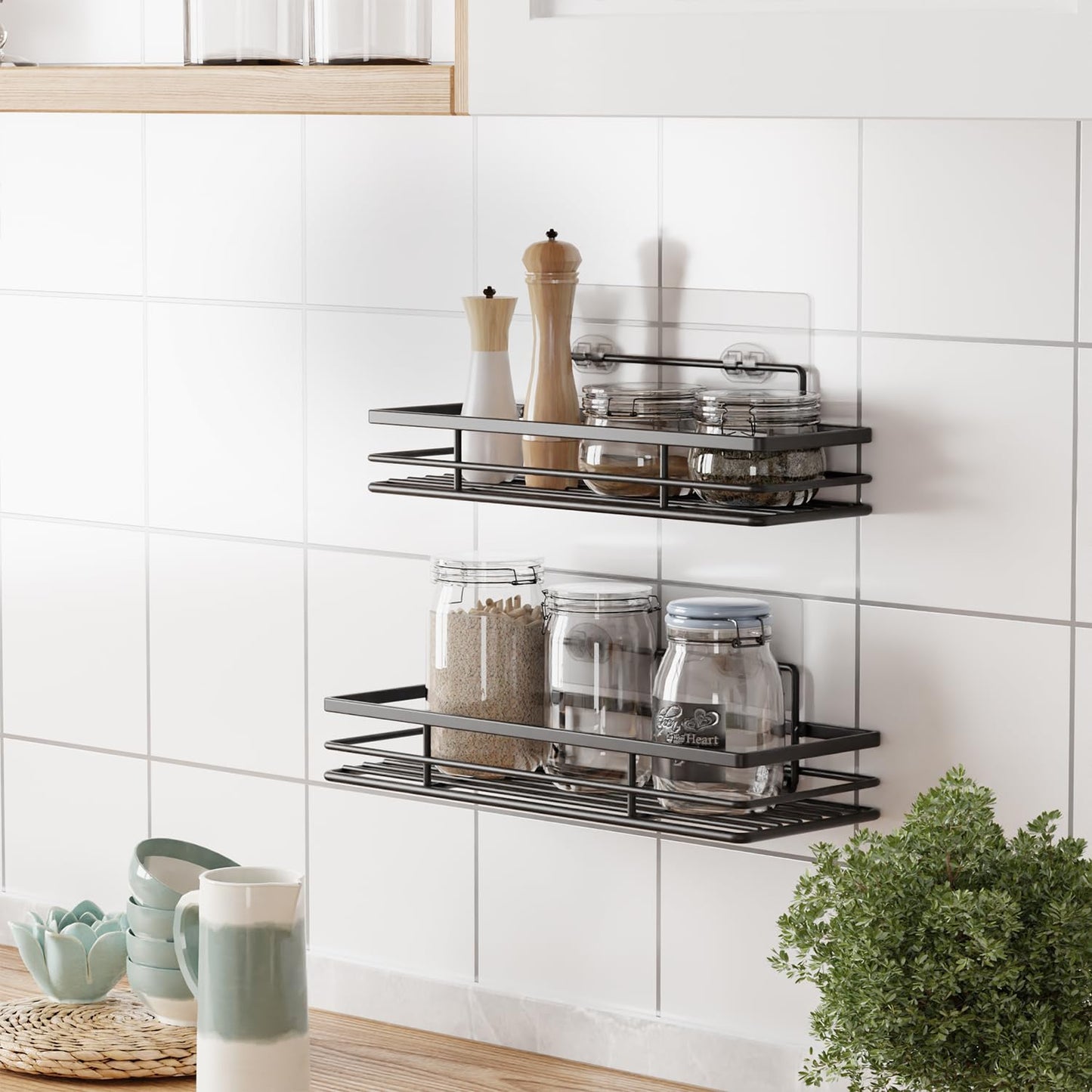 saffruff Duschablage Ohne Bohren 2 Stück Duschregal Duschkorb Badezimmer Organizer, Regal Badregal Shampoo Halterung für Dusche Küche Bathroom, mit 2 Klebeflächen,Edelstahl Schwarz